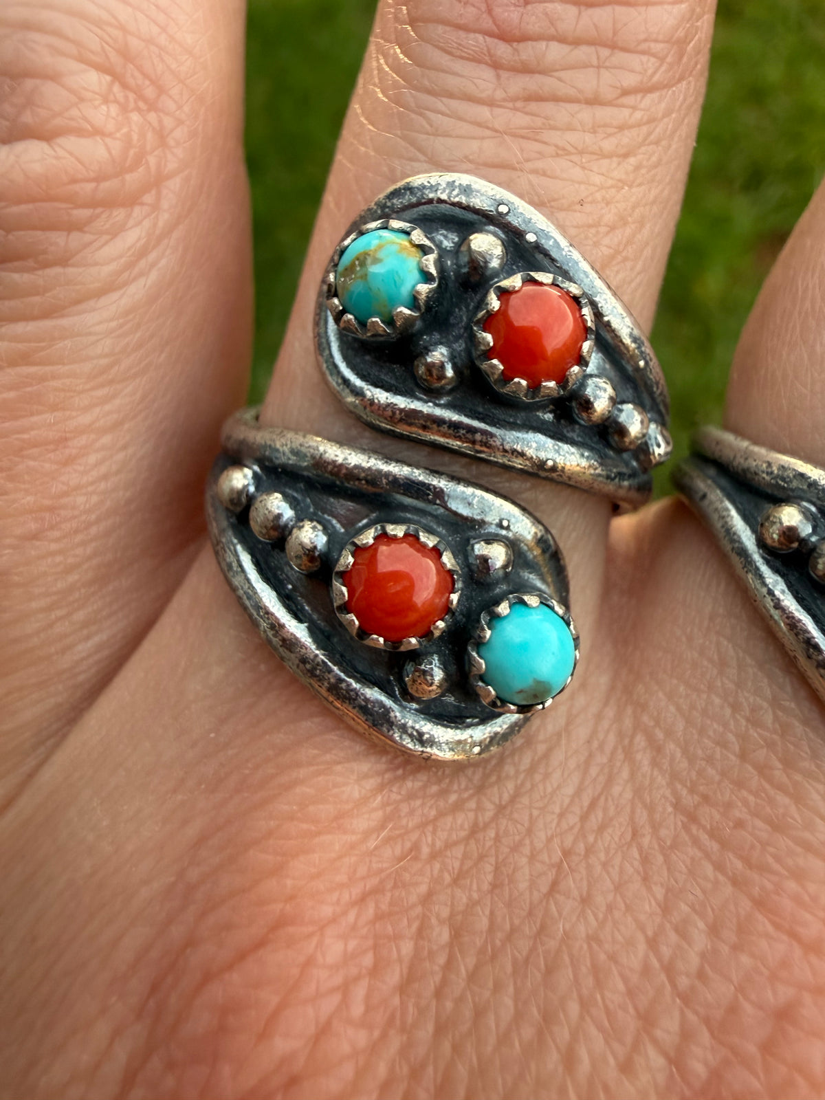 Navajo Coral and Turquoise Spoon Bypass Sterling Silver Floater Ring