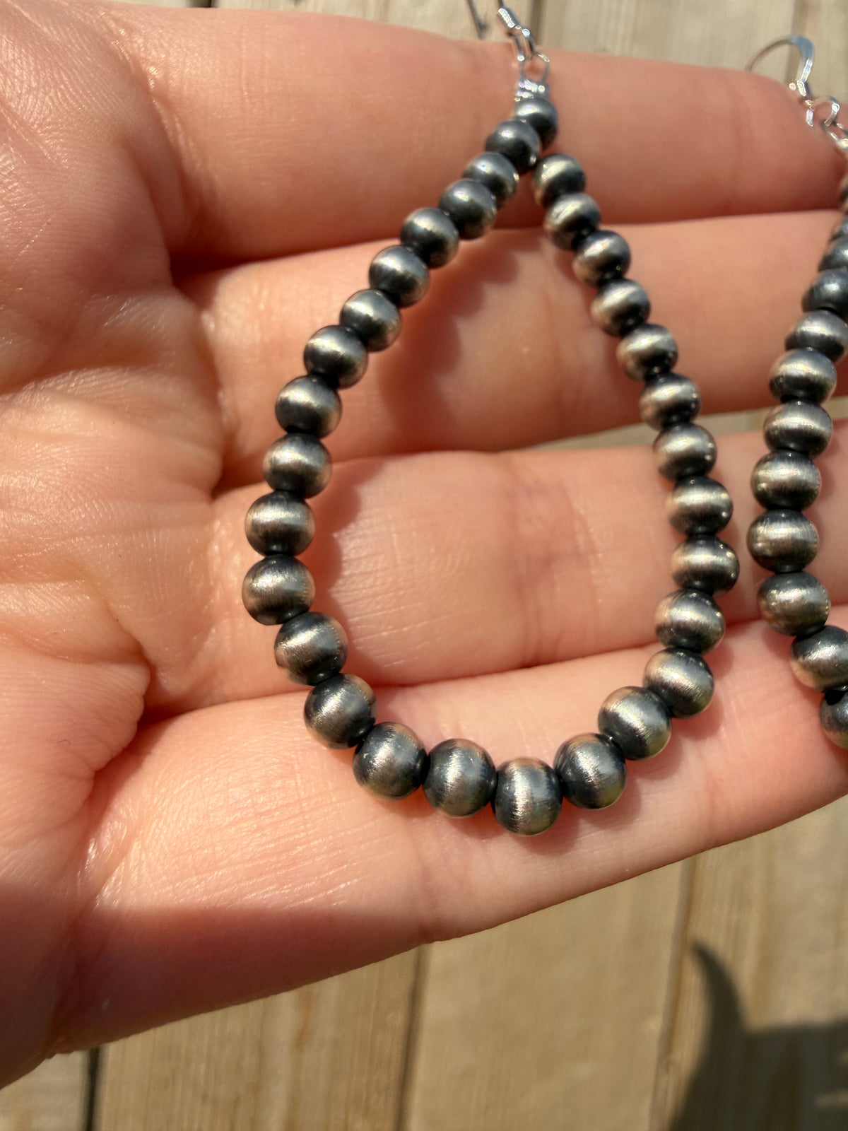 Navajo Strung Desert Pearl Sterling Silver Drop Hoop Earrings