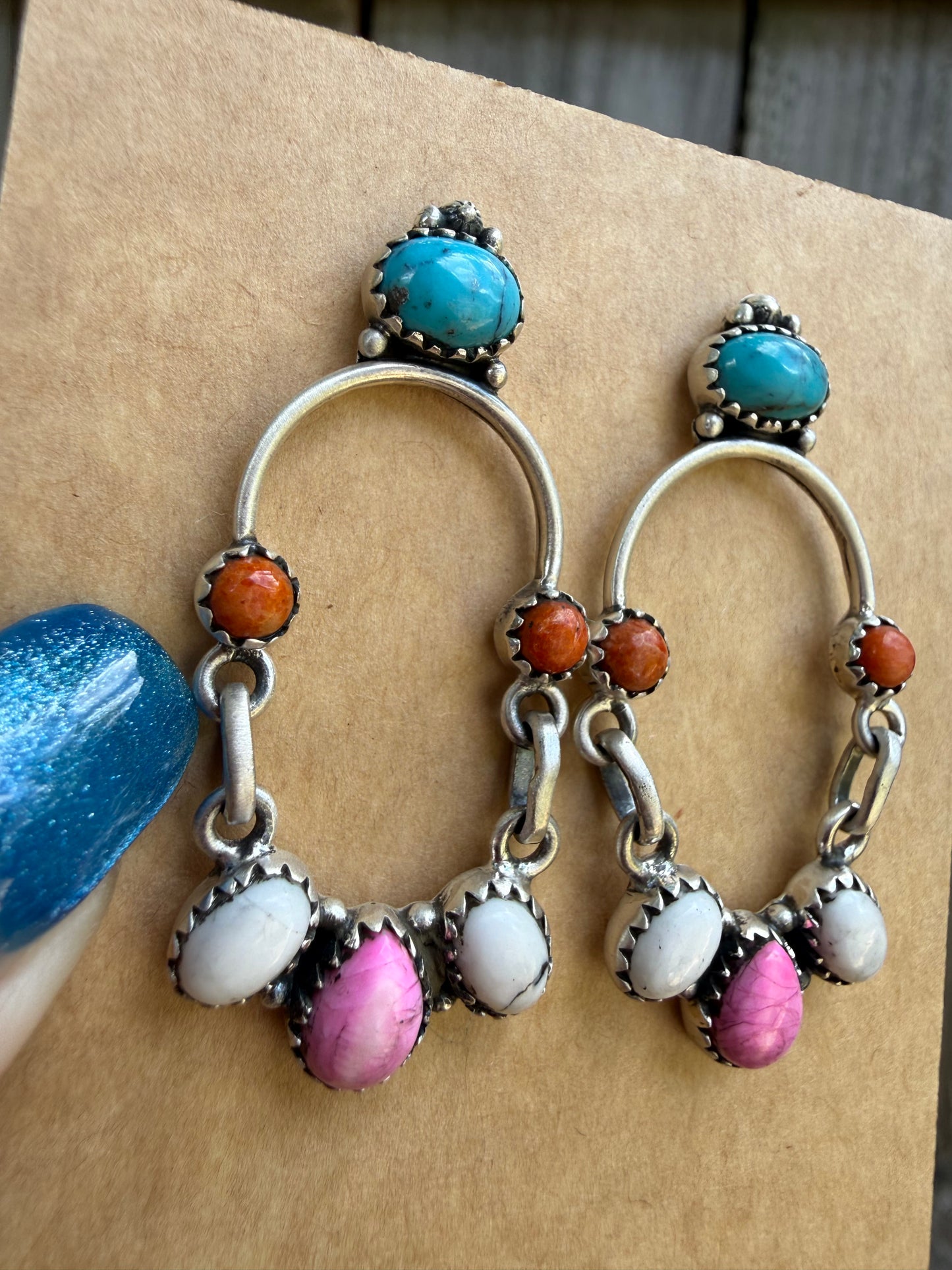 Turquoise Orange Mojave and Cotton Candy Unique Oval Earrings