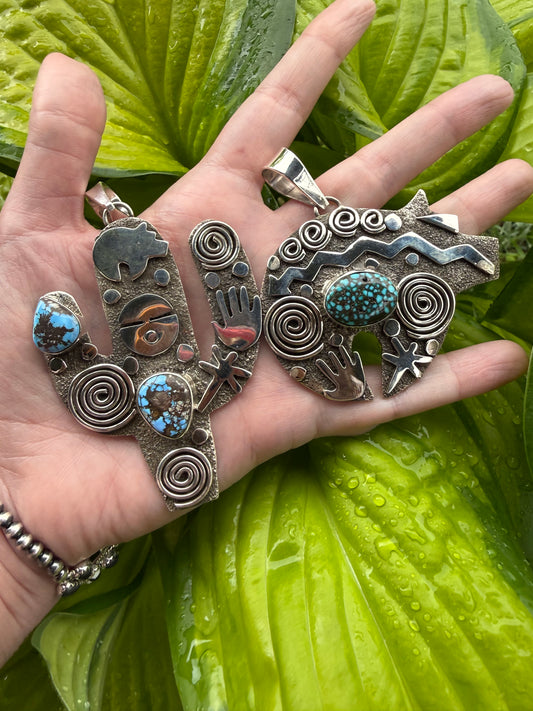 Native Navajo Storyteller Bear or Cactus Sterling Silver Pendant By Alex Sanchez