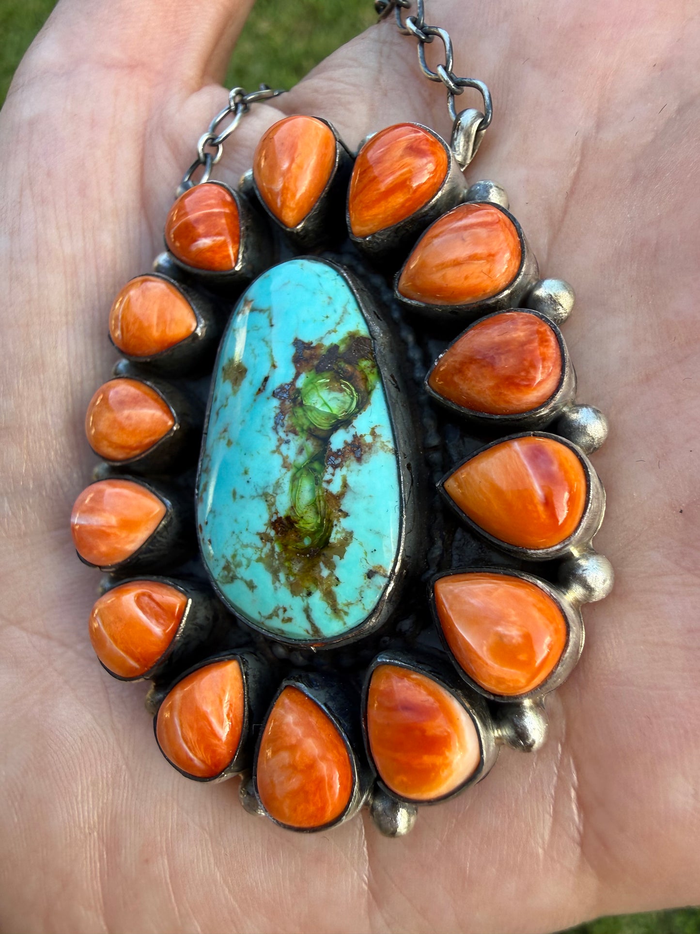 Navajo Sonoran Gold Turquoise and Orange Spiny Full Flower Cluster Necklace