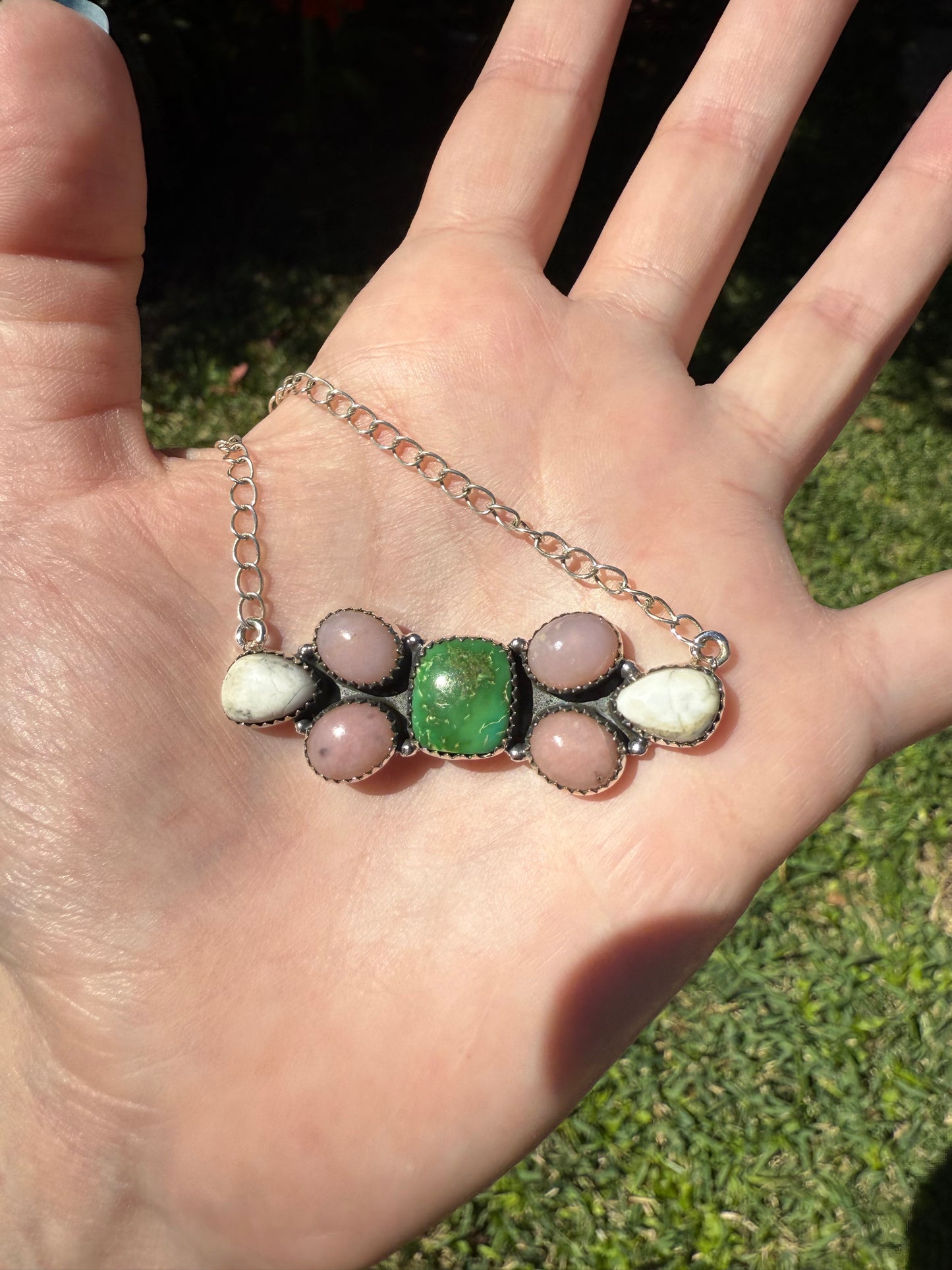 Sonoran Gold Turquoise, White Buffalo, and Pink Opal Bar Sterling Silver Necklace