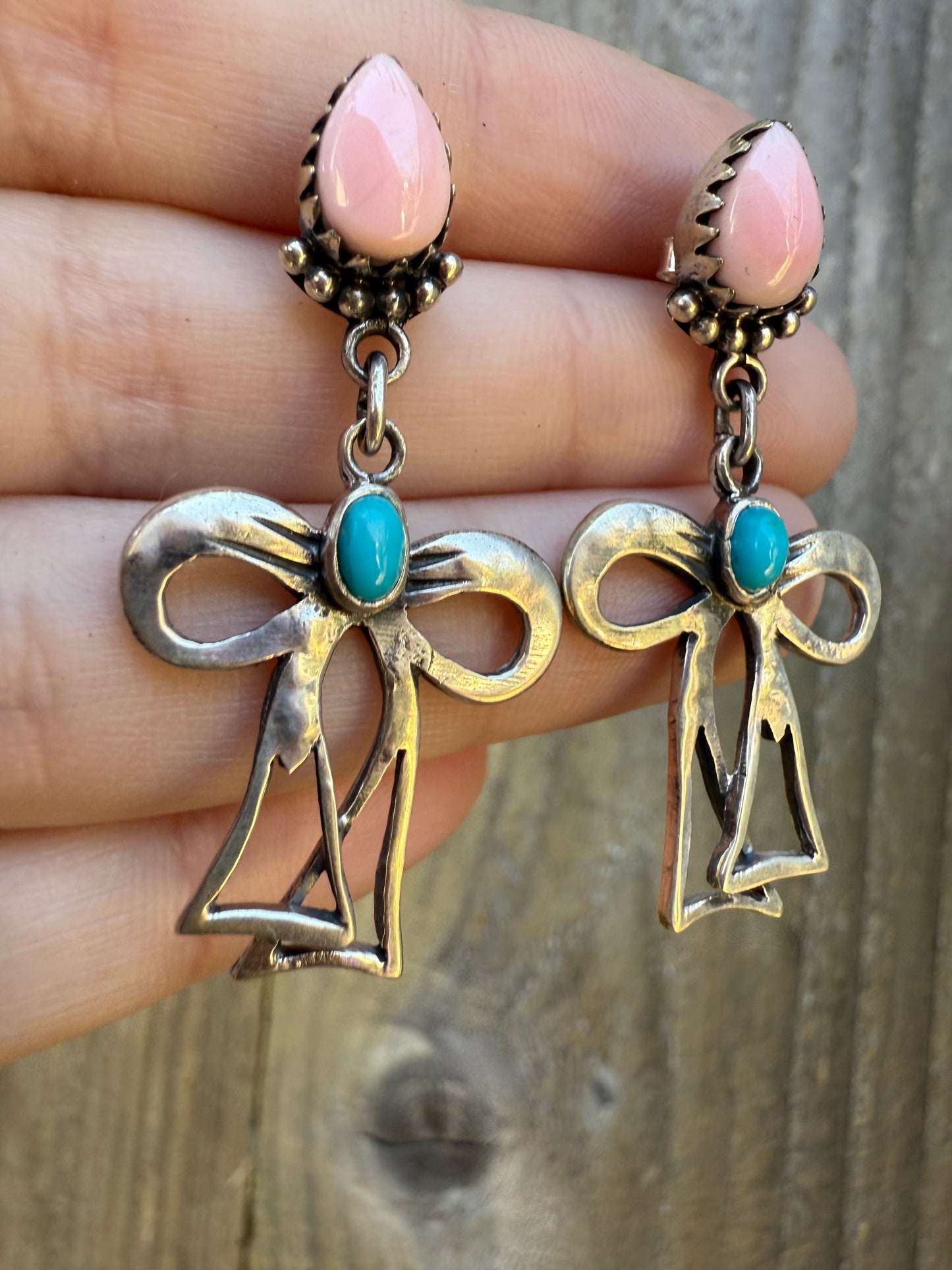 Turquoise and Pink Conch Sterling Silver Dangle Bow Earrings