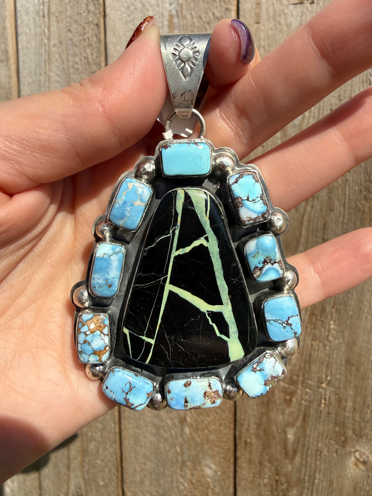 Navajo Blackjack and Golden Hills Big Cluster Sterling Silver Pendant