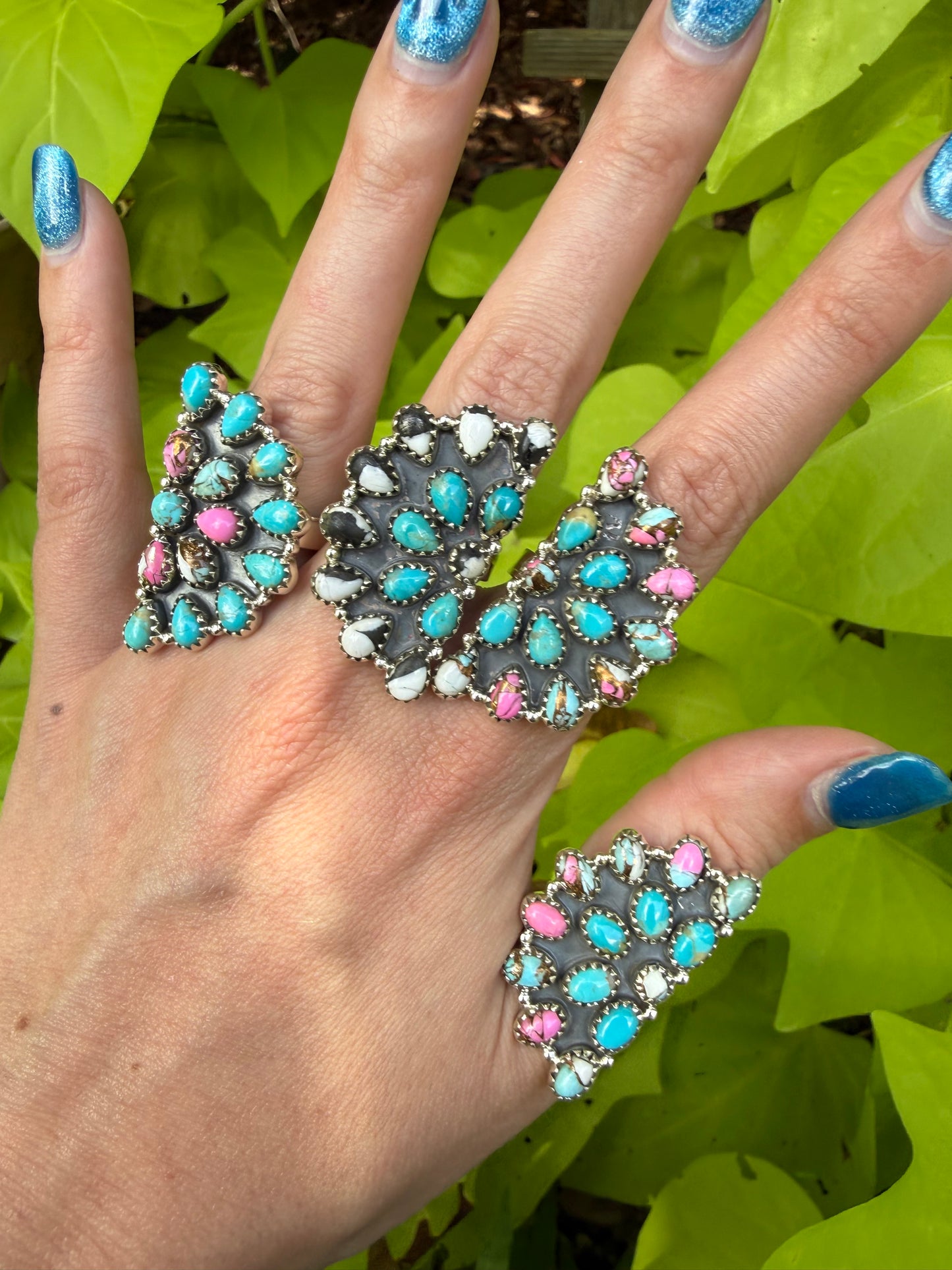 Cotton Candy, Kingman Turquoise, White Buffalo Half Circle Cluster Sterling Silver Adjustable Ring