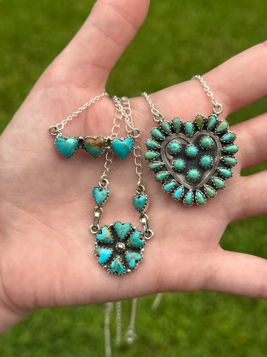 Kingman Turquoise Heart Cluster Sterling Silver Necklace