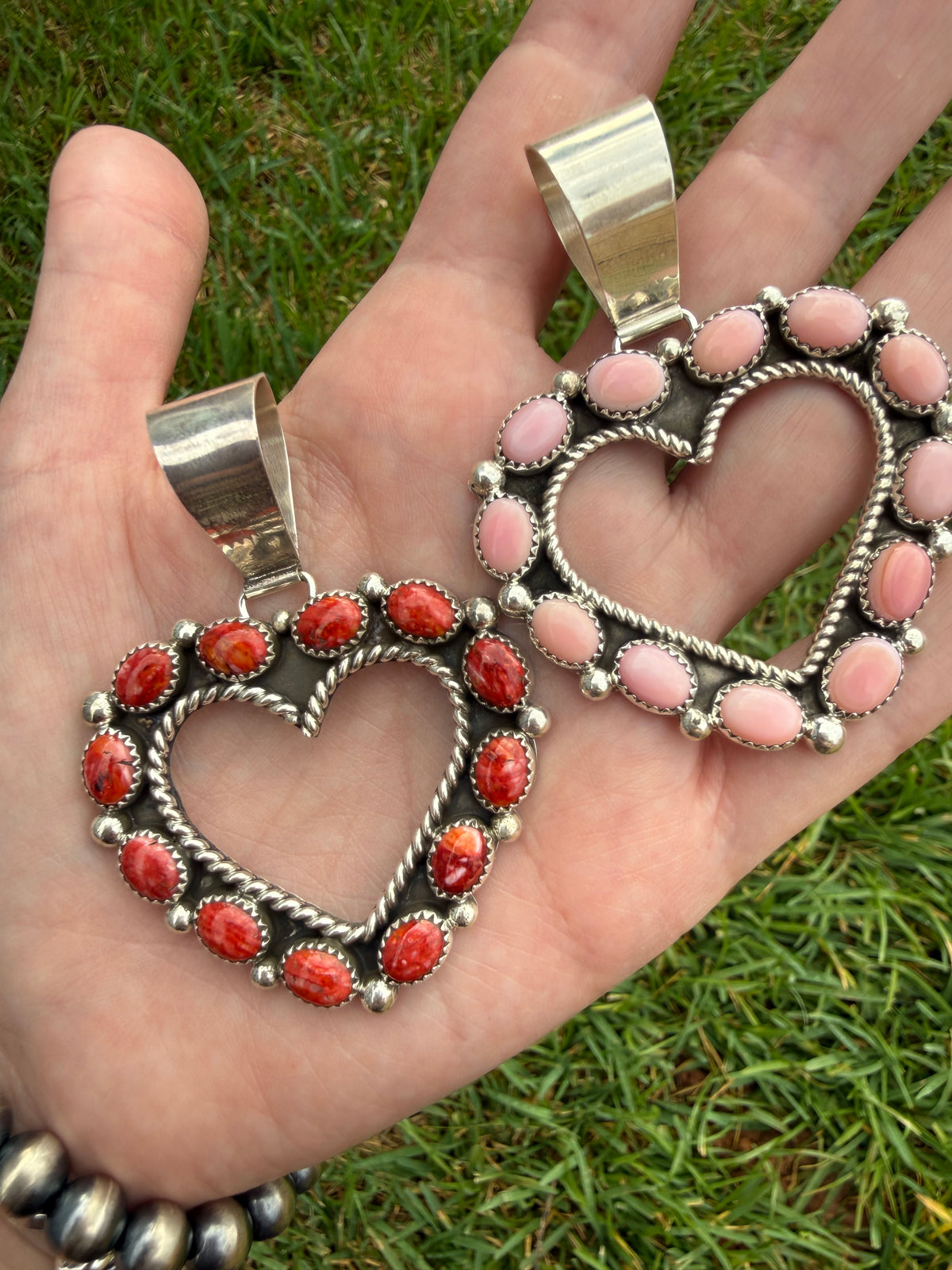Navajo Pink Conch or Red Spiny Outline Heart Sterling Silver Pendant