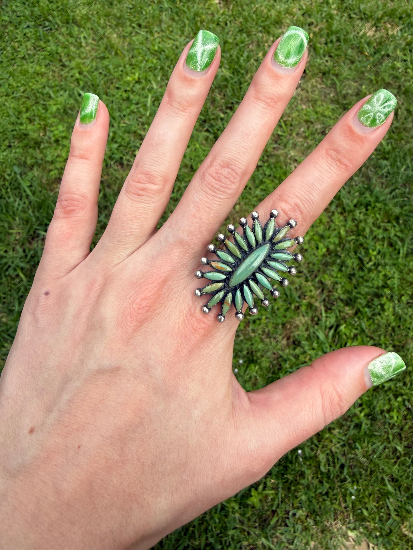 Kingman Turquoise Needlepoint Sterling Silver Adjustable Ring