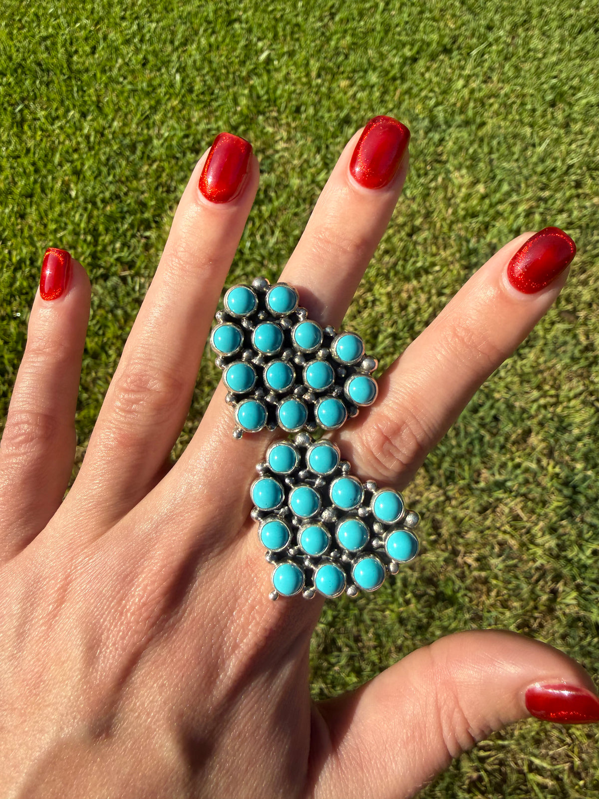 Navajo Turquoise Heart Cluster Sterling Silver Ring