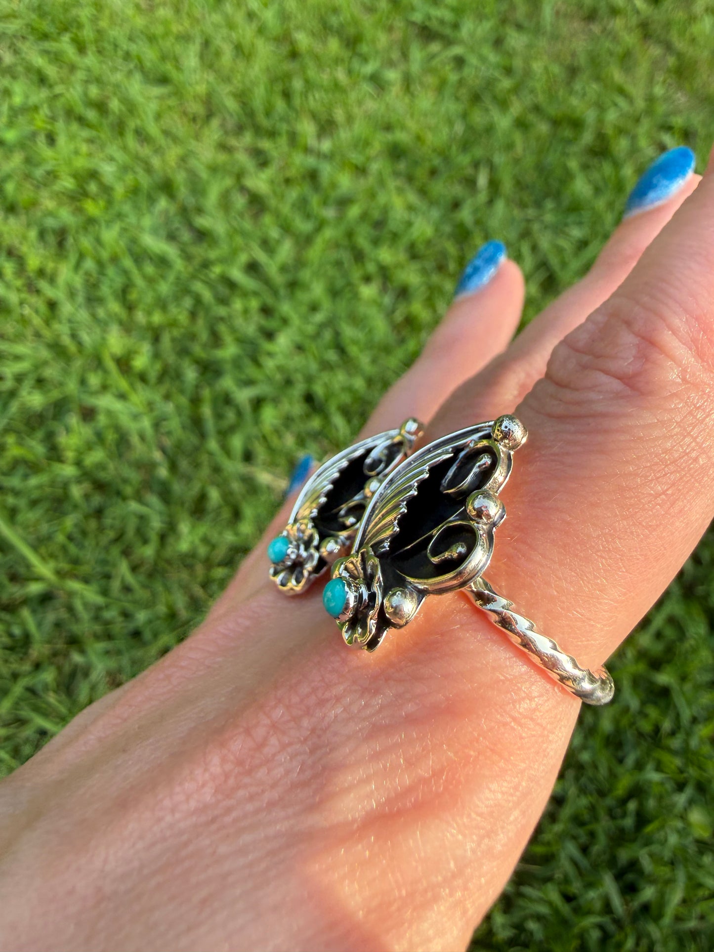 Navajo Turquoise Leaf and Flower Accent Sterling Silver Ring