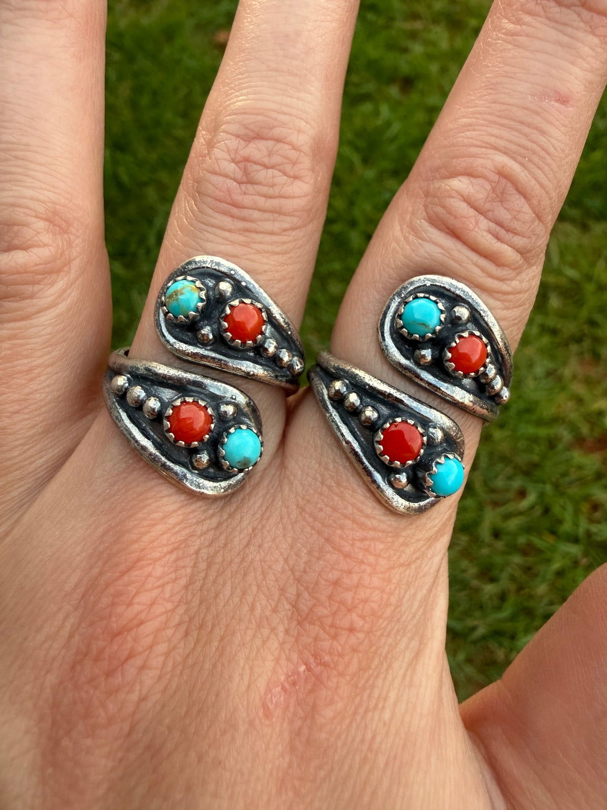 Navajo Coral and Turquoise Spoon Bypass Sterling Silver Floater Ring