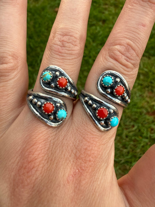Navajo Coral and Turquoise Spoon Bypass Sterling Silver Floater Ring
