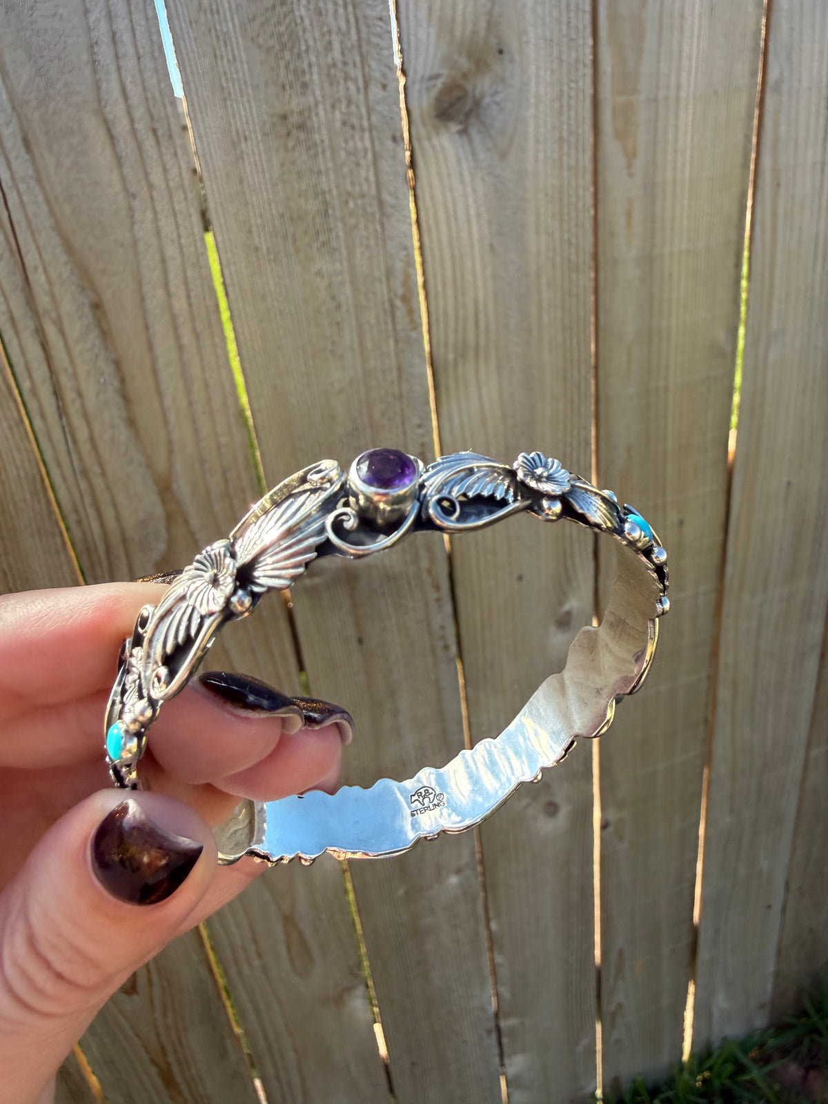 Navajo Amethyst and Turquoise Flower and Detailed Accent Sterling Silver Bangle Cuff Bracelet