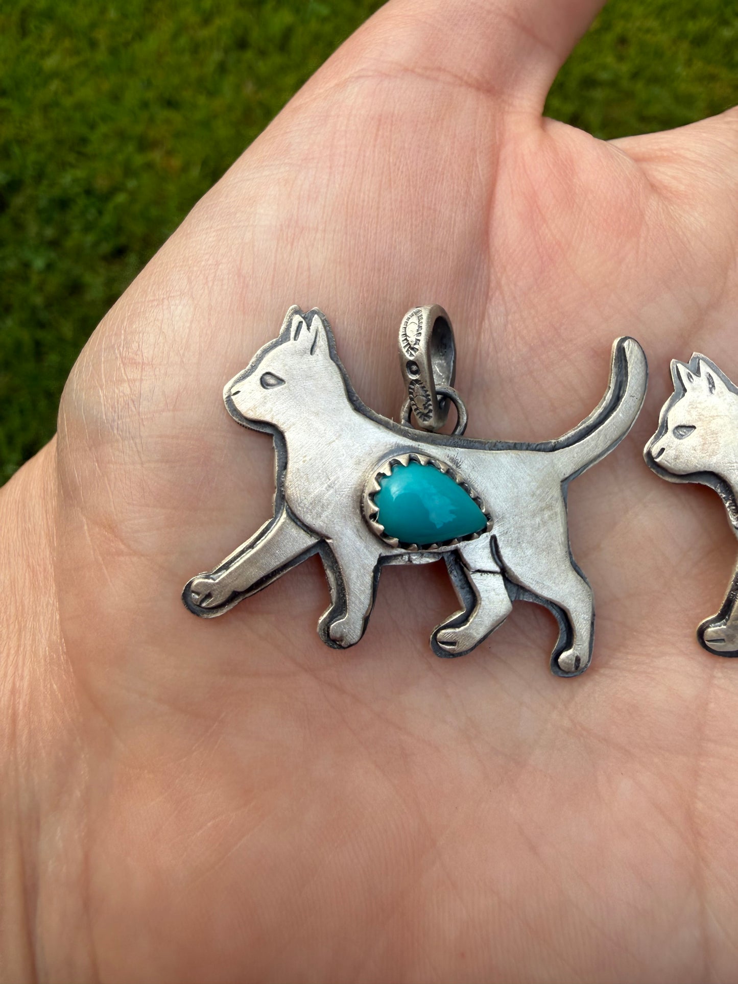 Cat Turquoise or Orange Spiny Sterling Silver Handmade Pendant