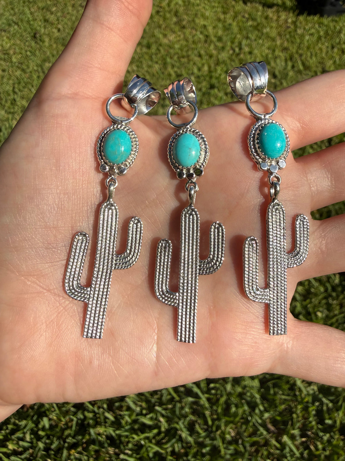 Navajo Turquoise Drop Cactus Sterling Silver Pendant