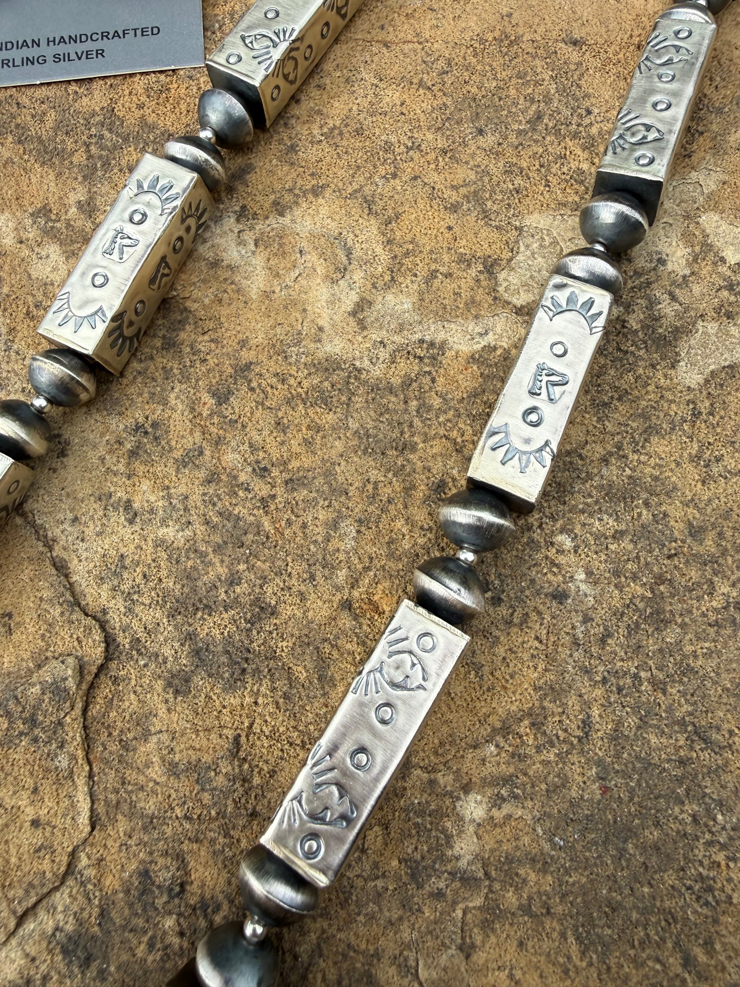 Native Navajo Pearl Sterling Silver 36 Inch Stamped Necklace By Sofia Becenti