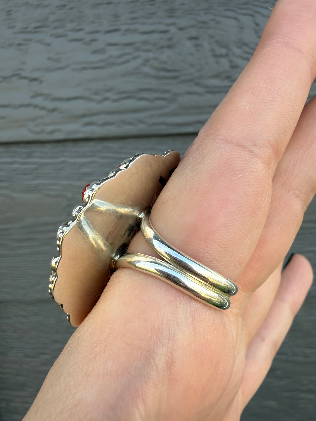 Navajo Webbed Kingman Turquoise and Coral Full Flower Adjustable Sterling Silver Ring