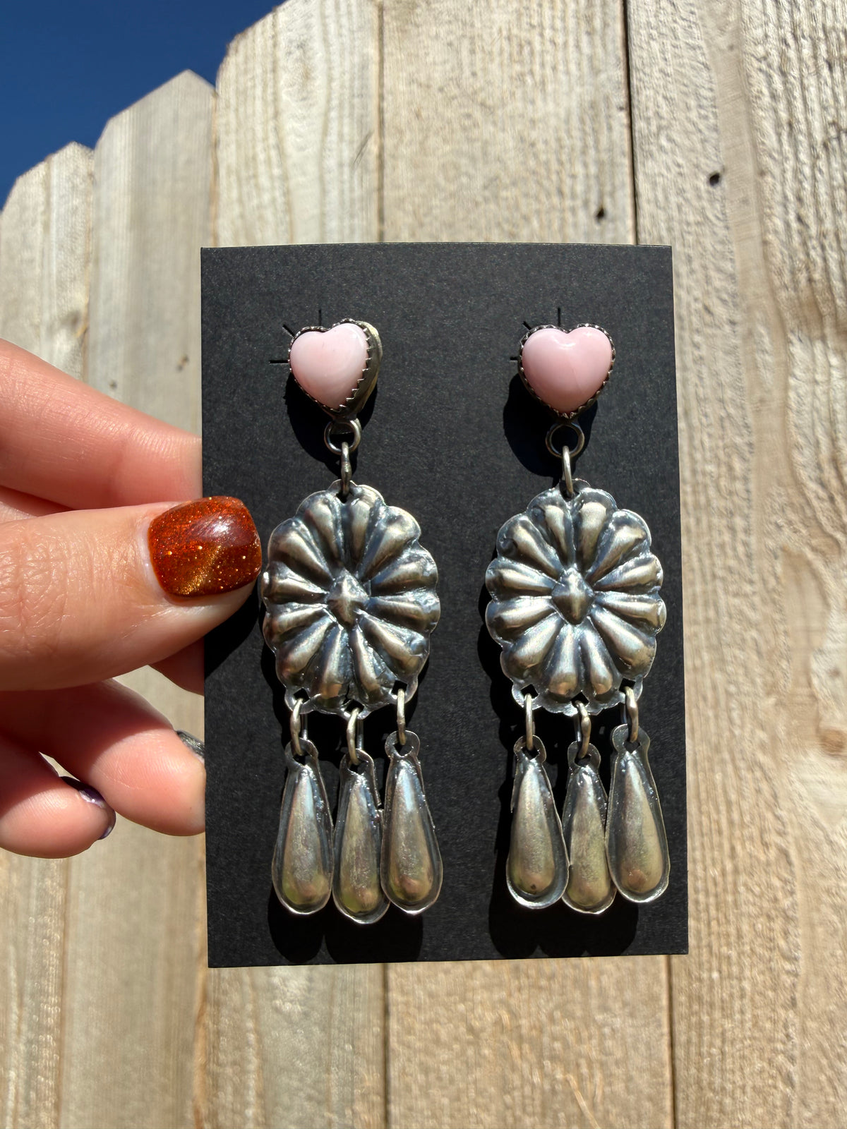Navajo Heart Pink Conch Sterling Silver Concho Triple Dangle Earrings