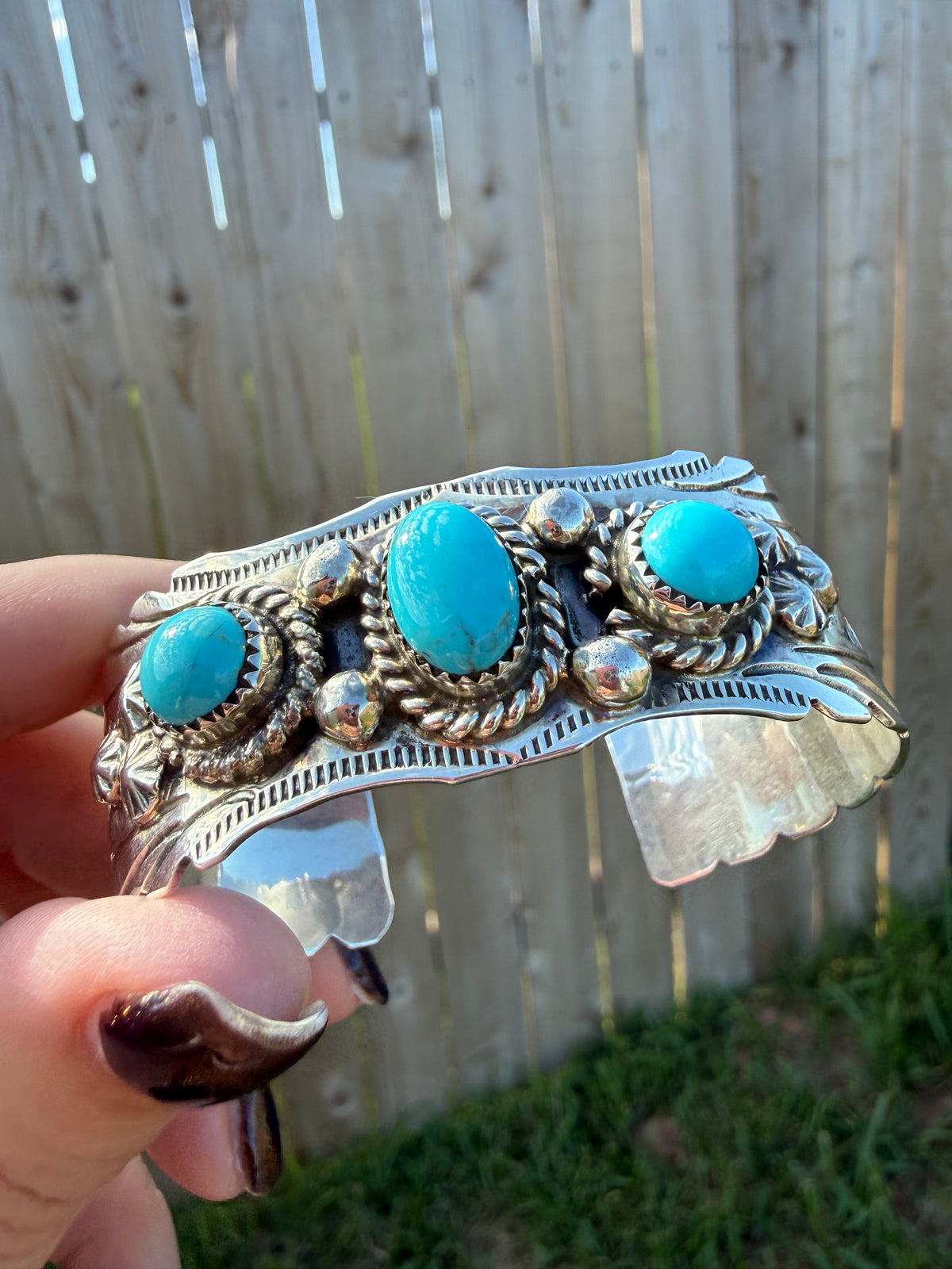 Navajo 3 Stone Thick Sterling Silver Detailed Accent Stamped Sterling Silver Cuff by Jason Bahe