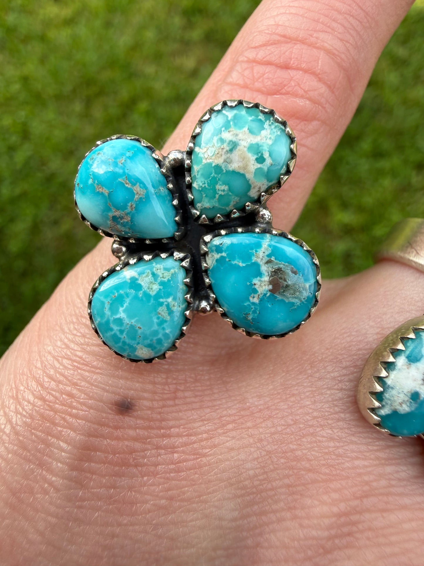 Whitewater Turquoise Cluster Sterling Silver Adjustable Ring