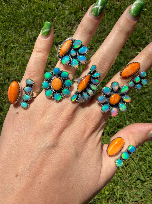 Orange Spiny And Balloon Opal Sterling Silver Rings