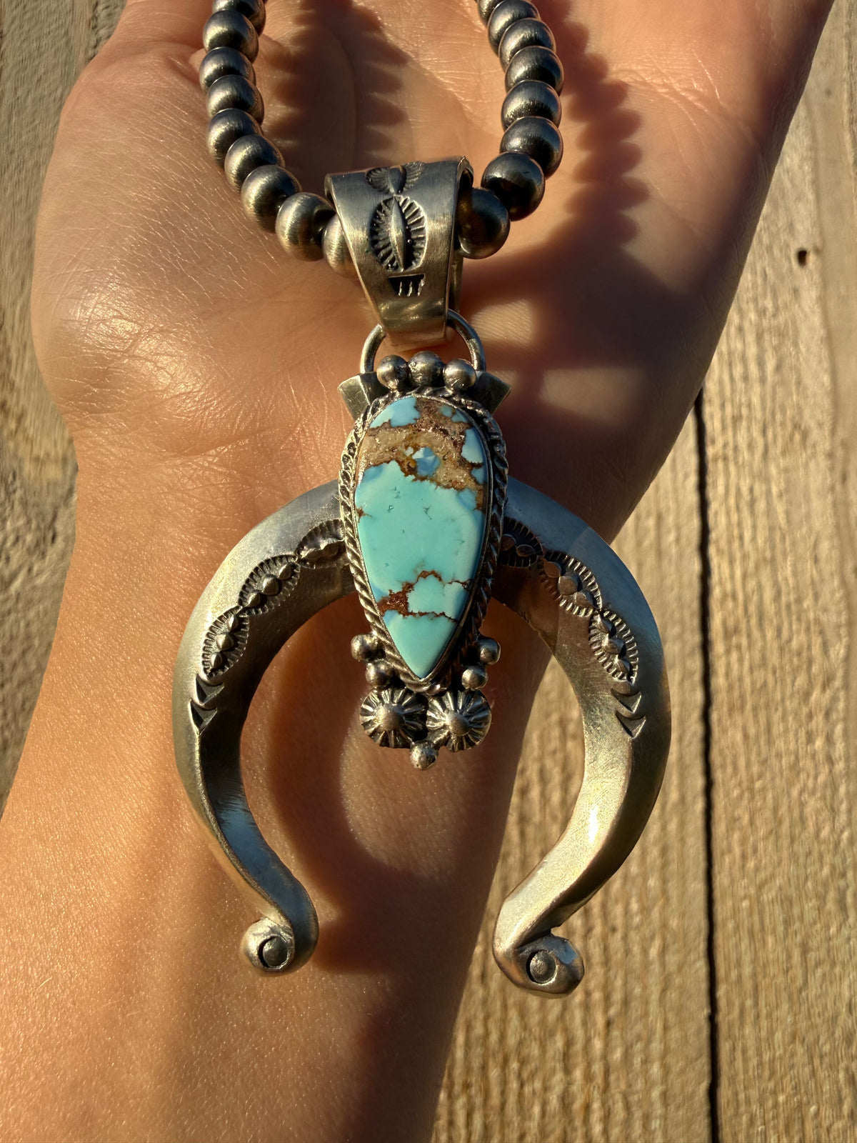 Navajo Golden Hills Turquoise Naja Sterling Silver with Desert Pearl Necklace