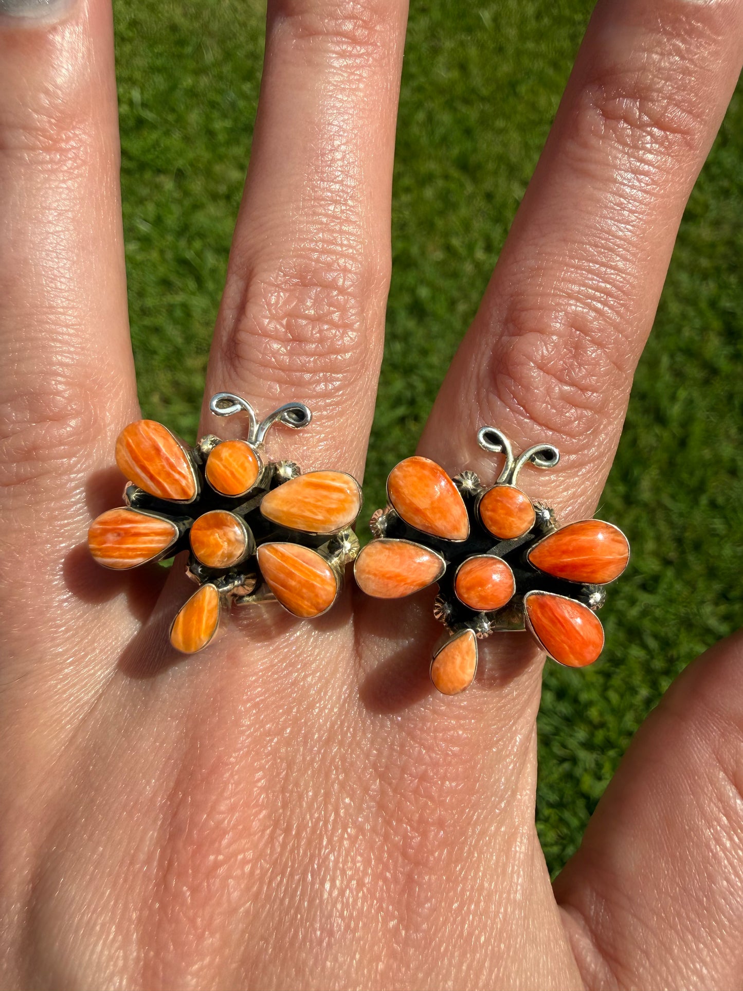 Navajo Orange Spiny Dragonfly Sterling Silver Ring