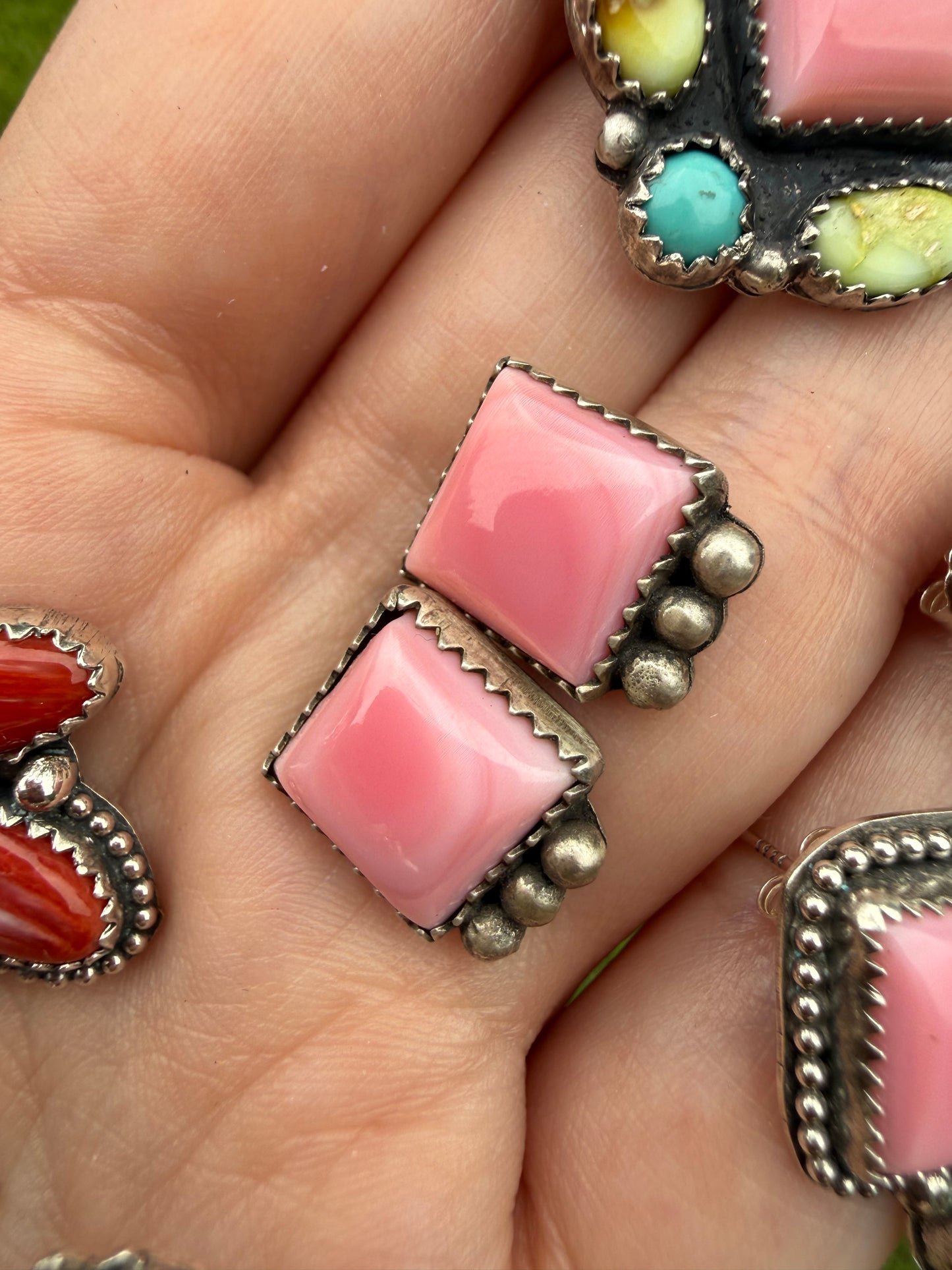 Pink Conch Sterling Silver Multi Stone Stud Earrings