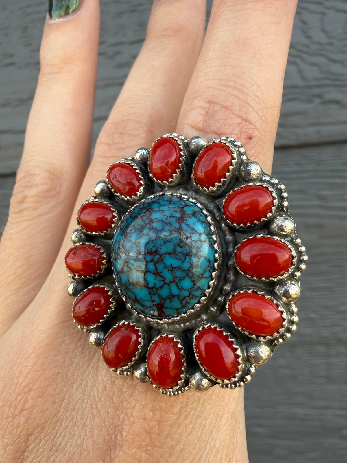 Navajo Webbed Kingman Turquoise and Coral Full Flower Adjustable Sterling Silver Ring