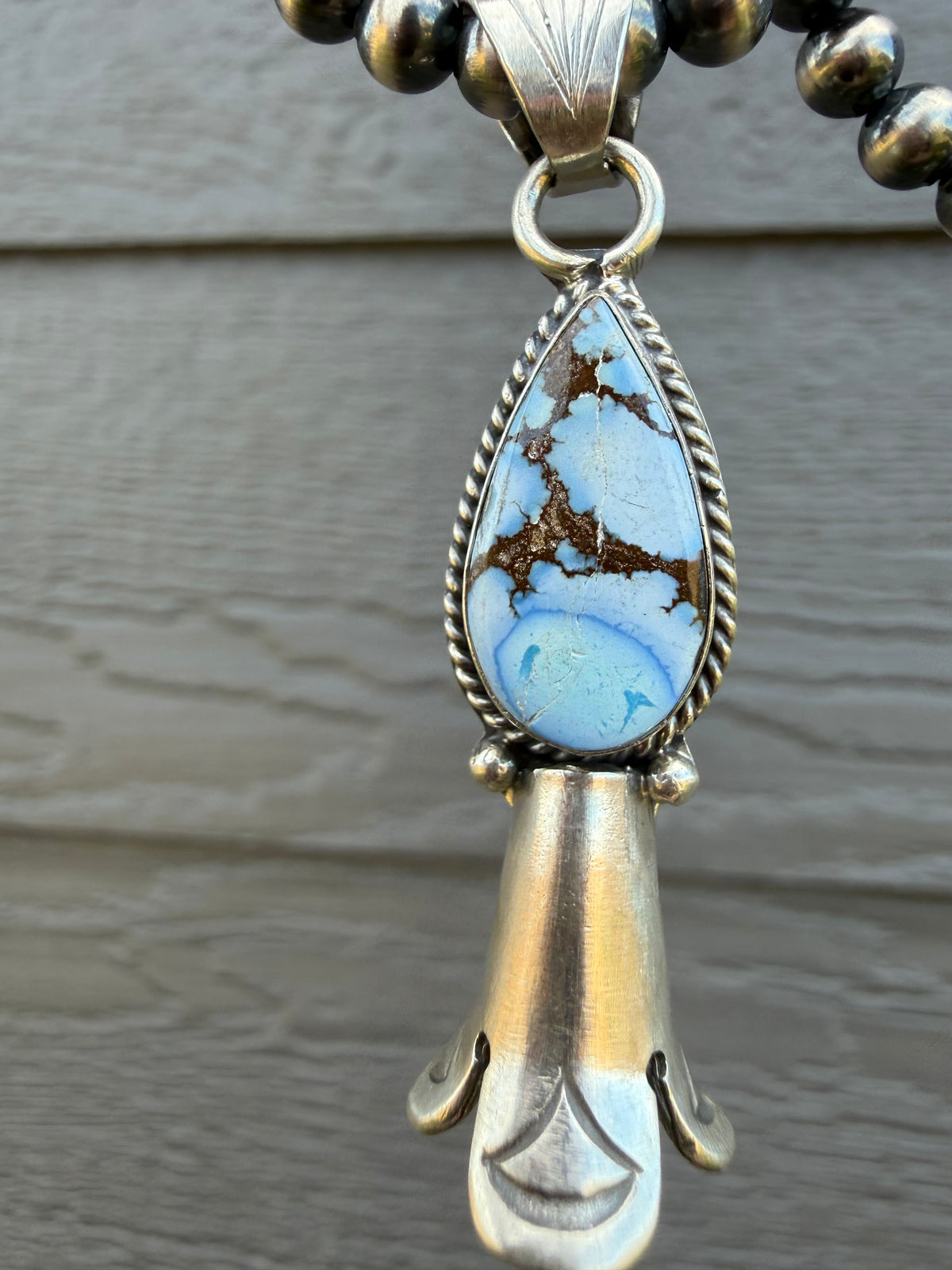 Navajo Premium Turquoise Squash Horn Sterling Silver Pearl Necklace by Sharon McCarthy