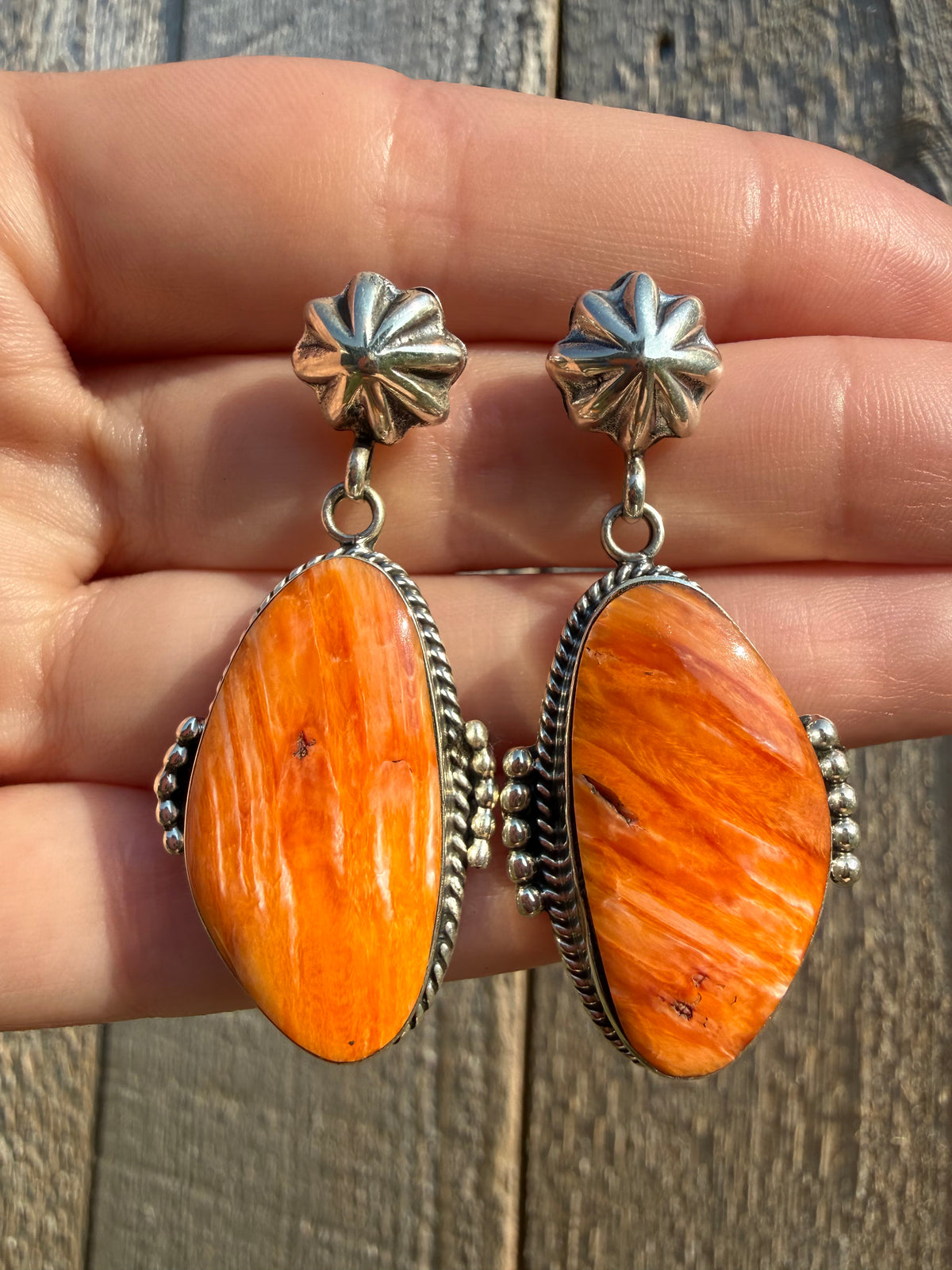 Navajo Orange Spiny Peyote Button Sterling Silver Big Drop Earrings