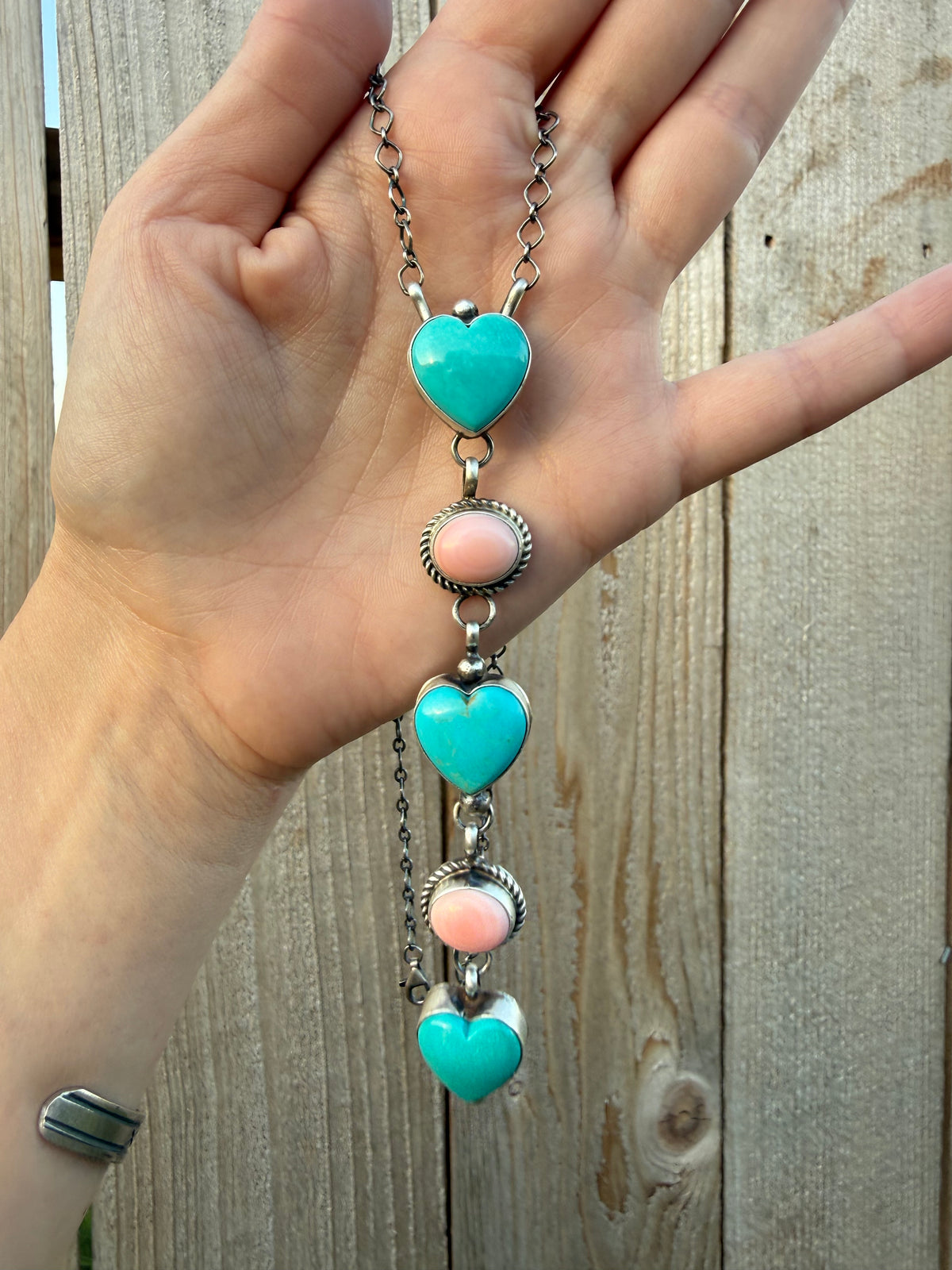 Navajo Pink Conch and Turquoise Heart Lariat Sterling Silver Handmade Necklace by Vicky Hicks