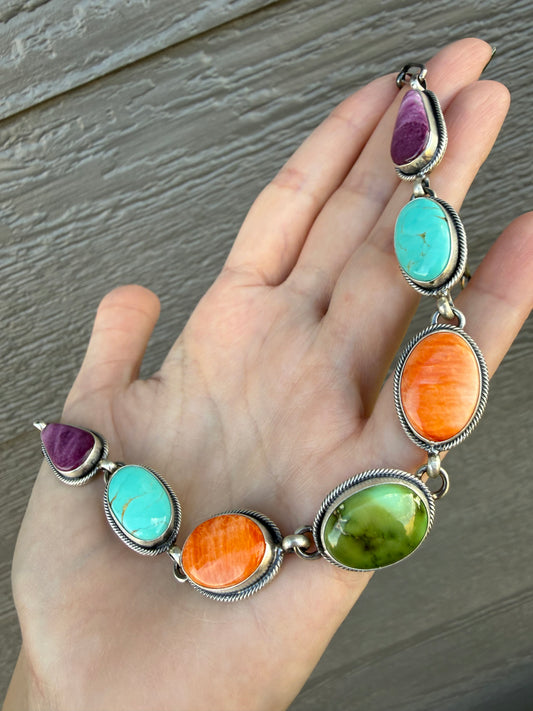 Navajo Multi 7 Stone Choker Sterling Silver Necklace