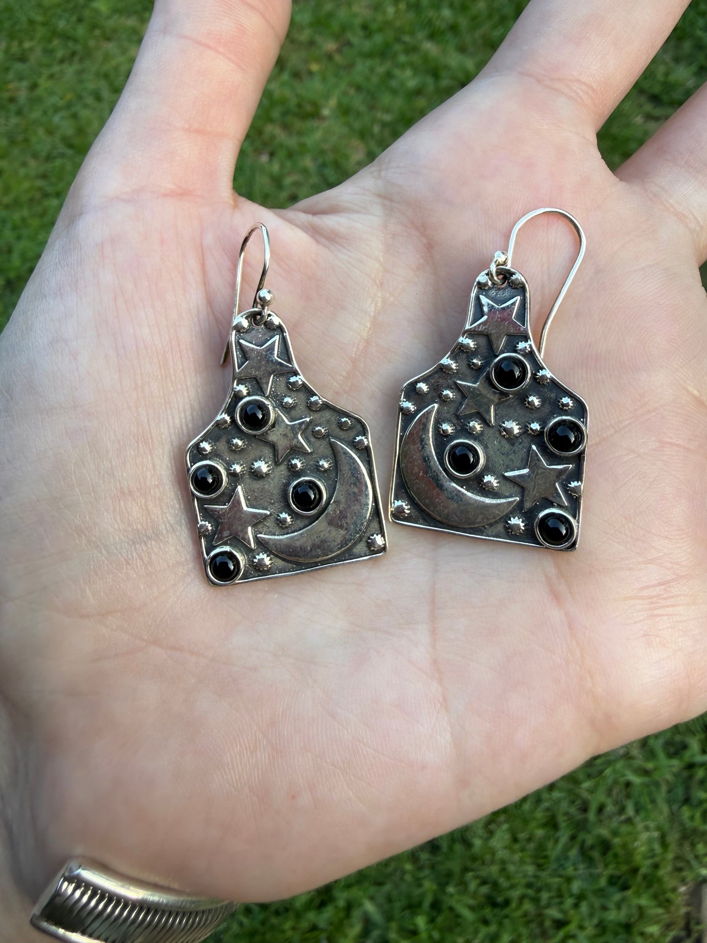 Cow Tag Black Onyx Star and Moon Sterling Silver Earrings