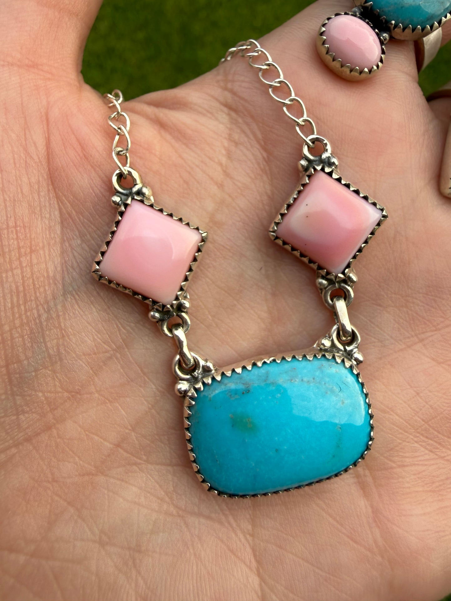 Pink Conch And Kingman Turquoise Necklace or Adjustable Ring