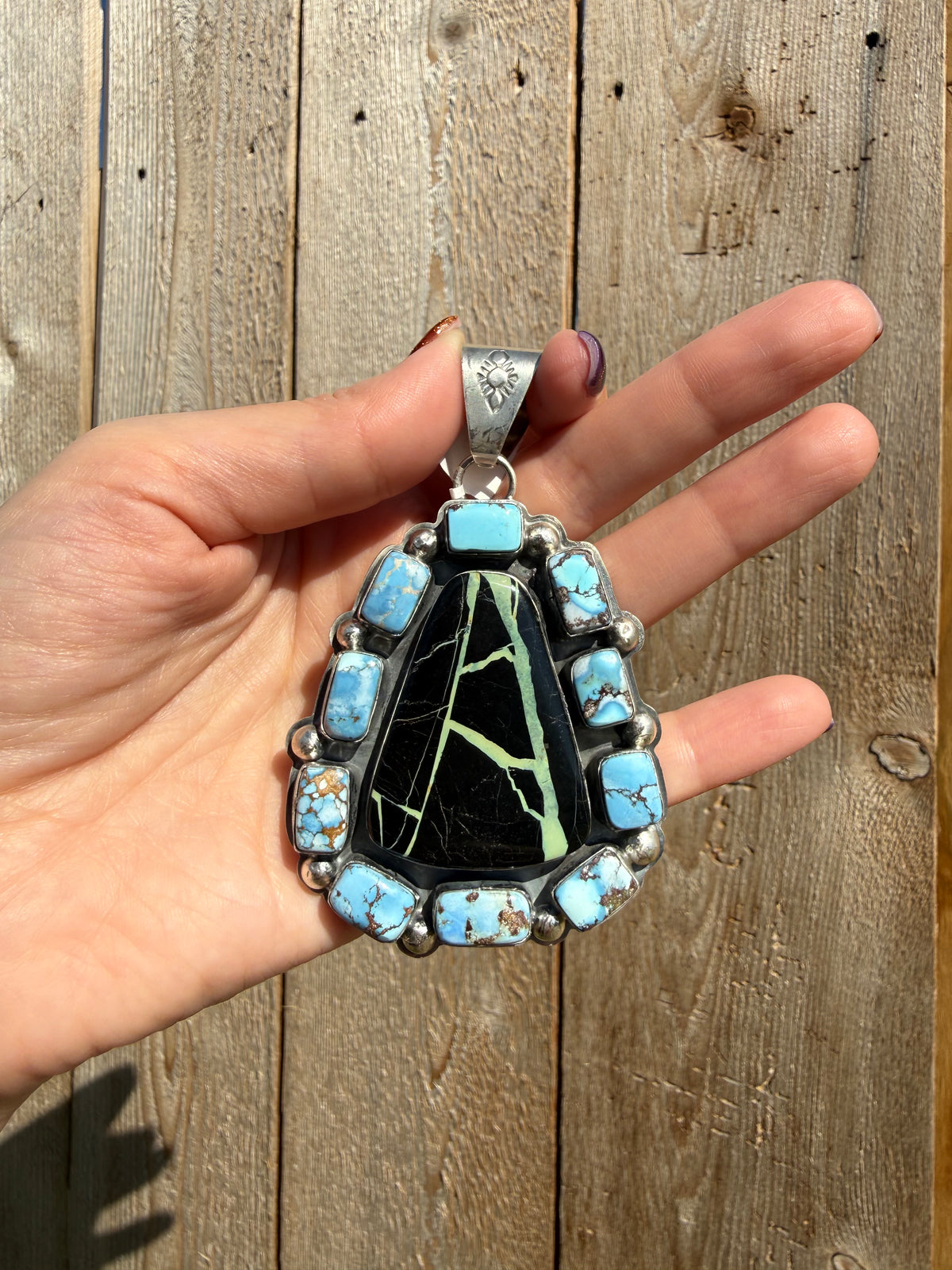 Navajo Blackjack and Golden Hills Big Cluster Sterling Silver Pendant