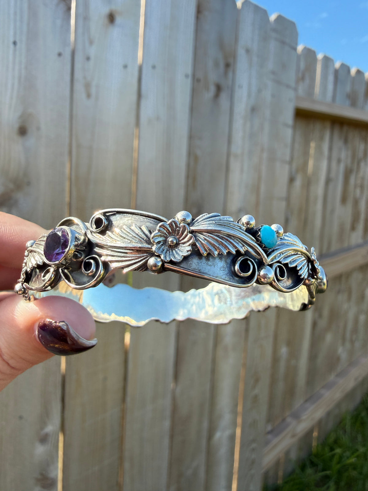 Navajo Amethyst and Turquoise Flower and Detailed Accent Sterling Silver Bangle Cuff Bracelet