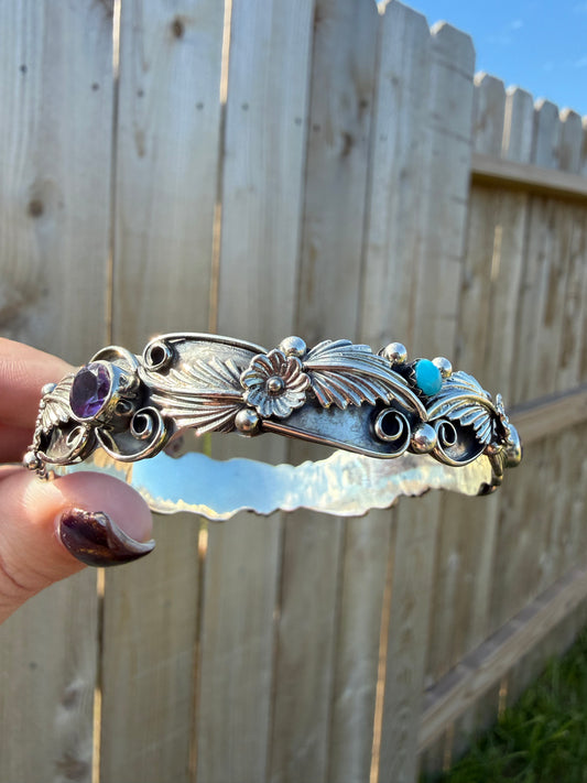Navajo Amethyst and Turquoise Flower and Detailed Accent Sterling Silver Bangle Cuff Bracelet