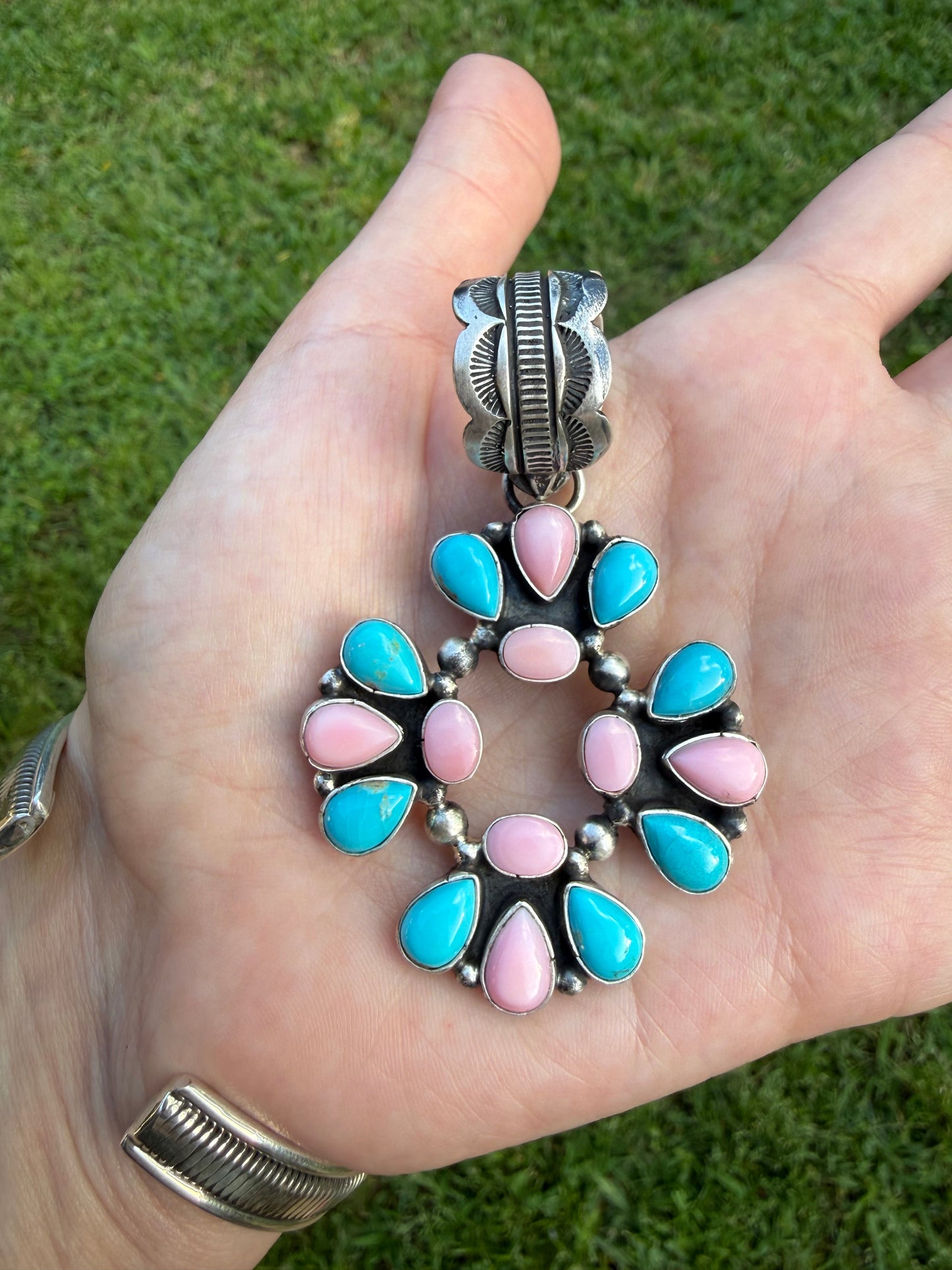 Navajo Pink Conch and Turquoise Cluster Sterling Silver Pendant