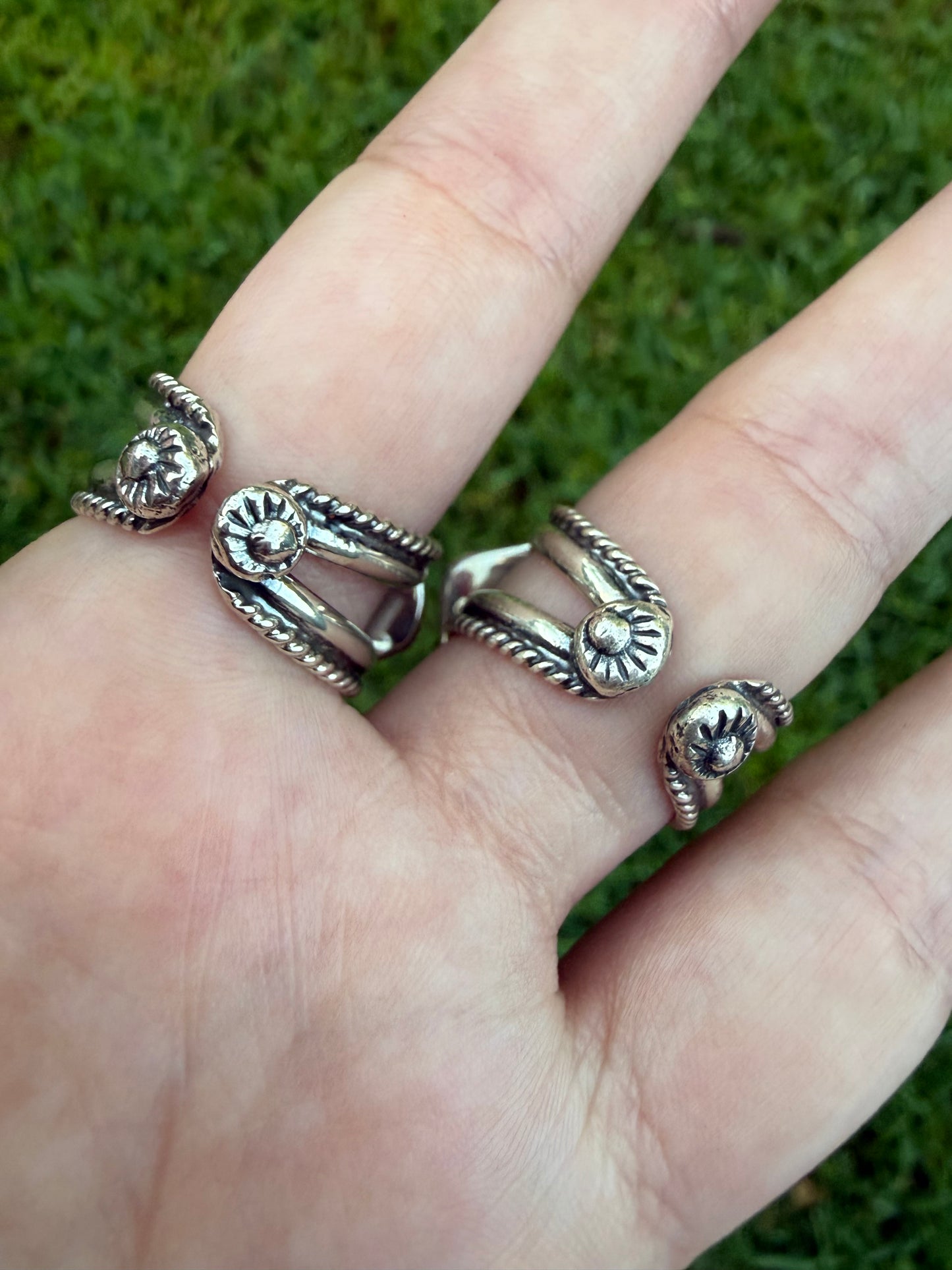 Navajo Turquoise Cross and Ball Work Sterling Silver Adjustable Band Ring