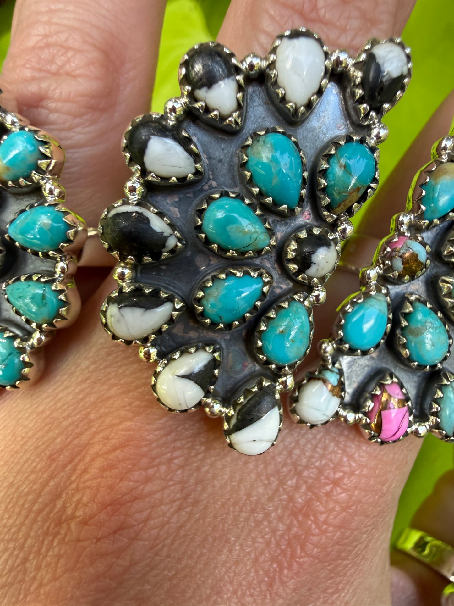 Cotton Candy, Kingman Turquoise, White Buffalo Half Circle Cluster Sterling Silver Adjustable Ring