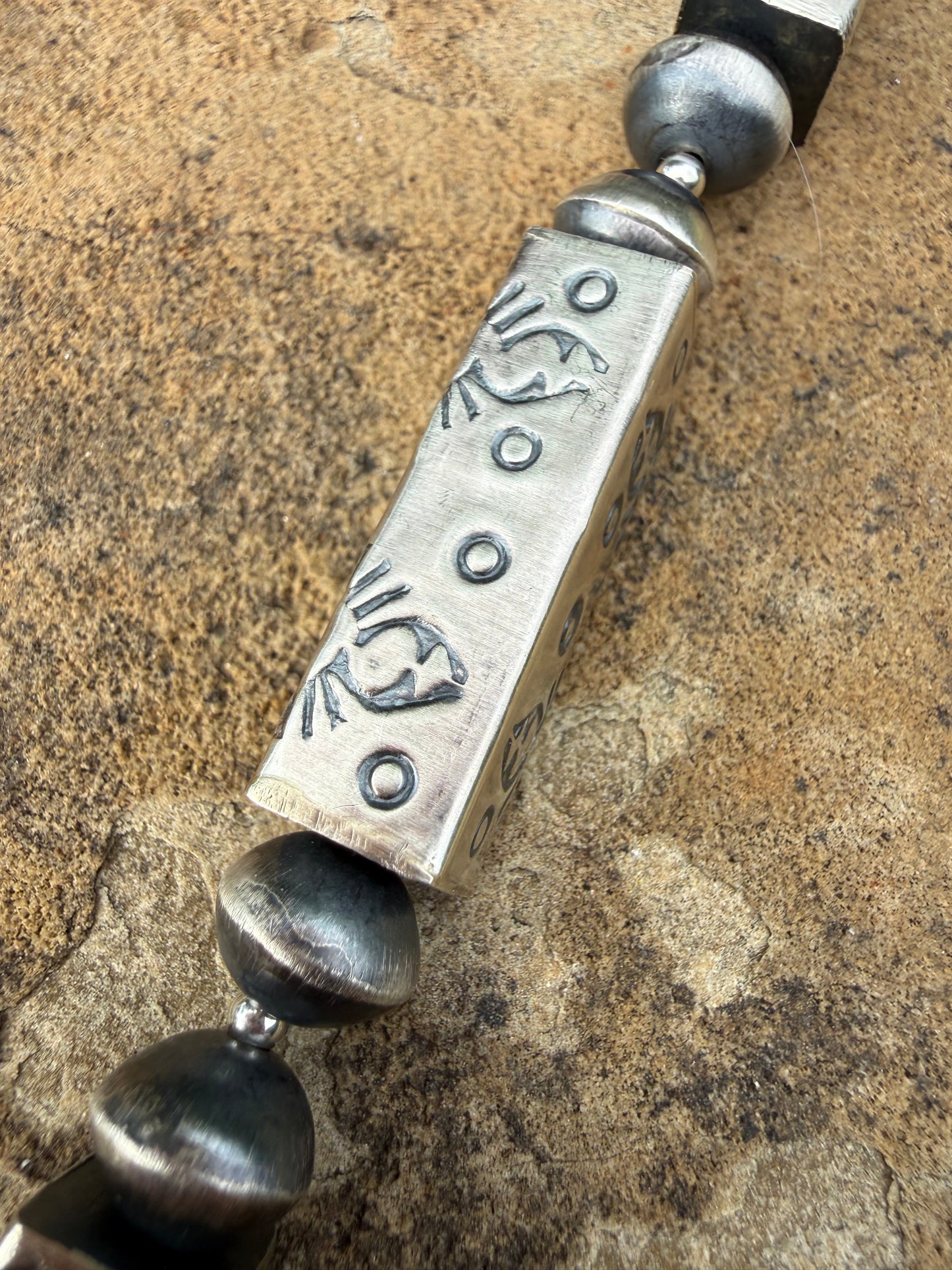 Native Navajo Pearl Sterling Silver 36 Inch Stamped Necklace By Sofia Becenti