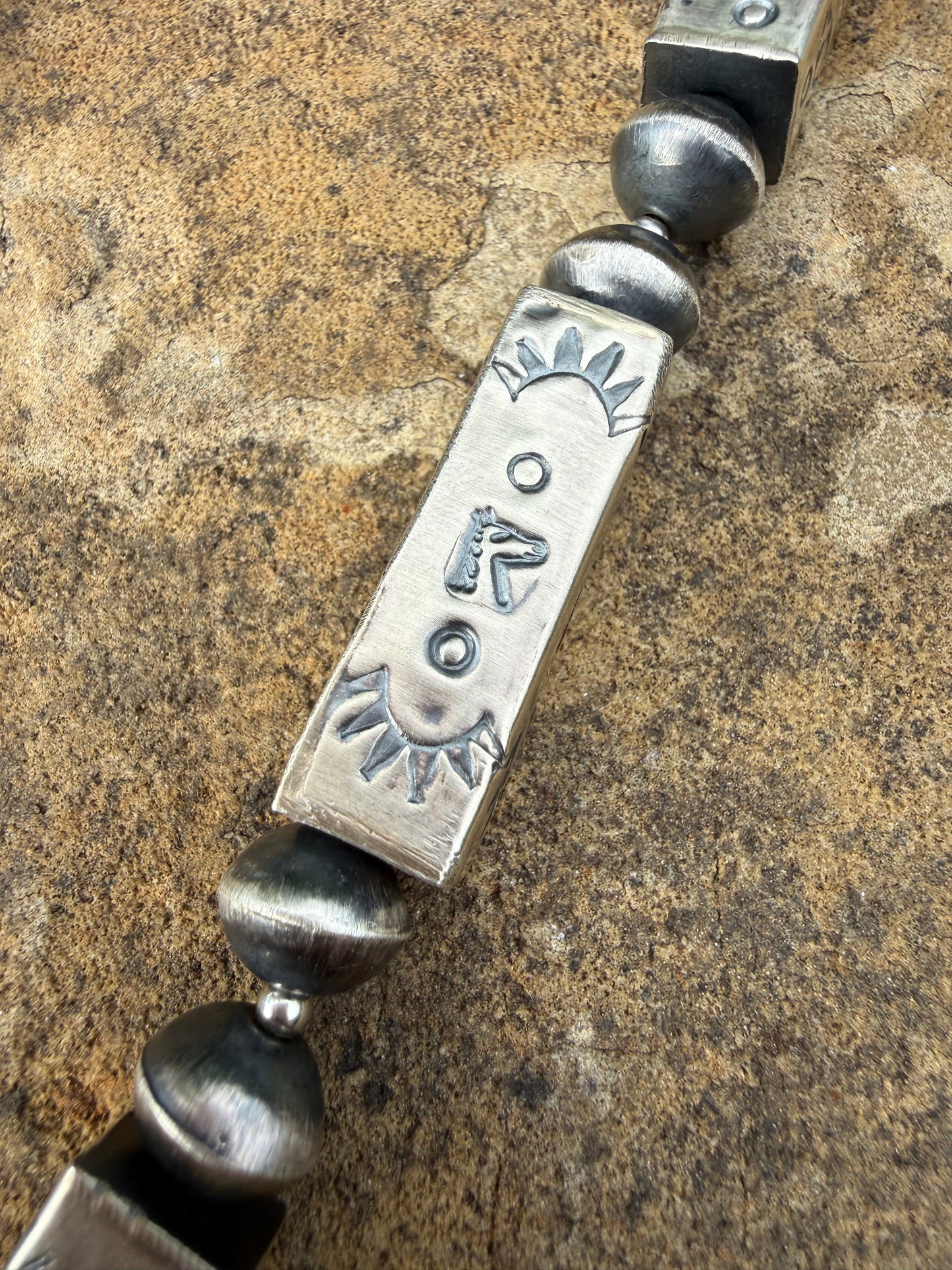 Native Navajo Pearl Sterling Silver 36 Inch Stamped Necklace By Sofia Becenti