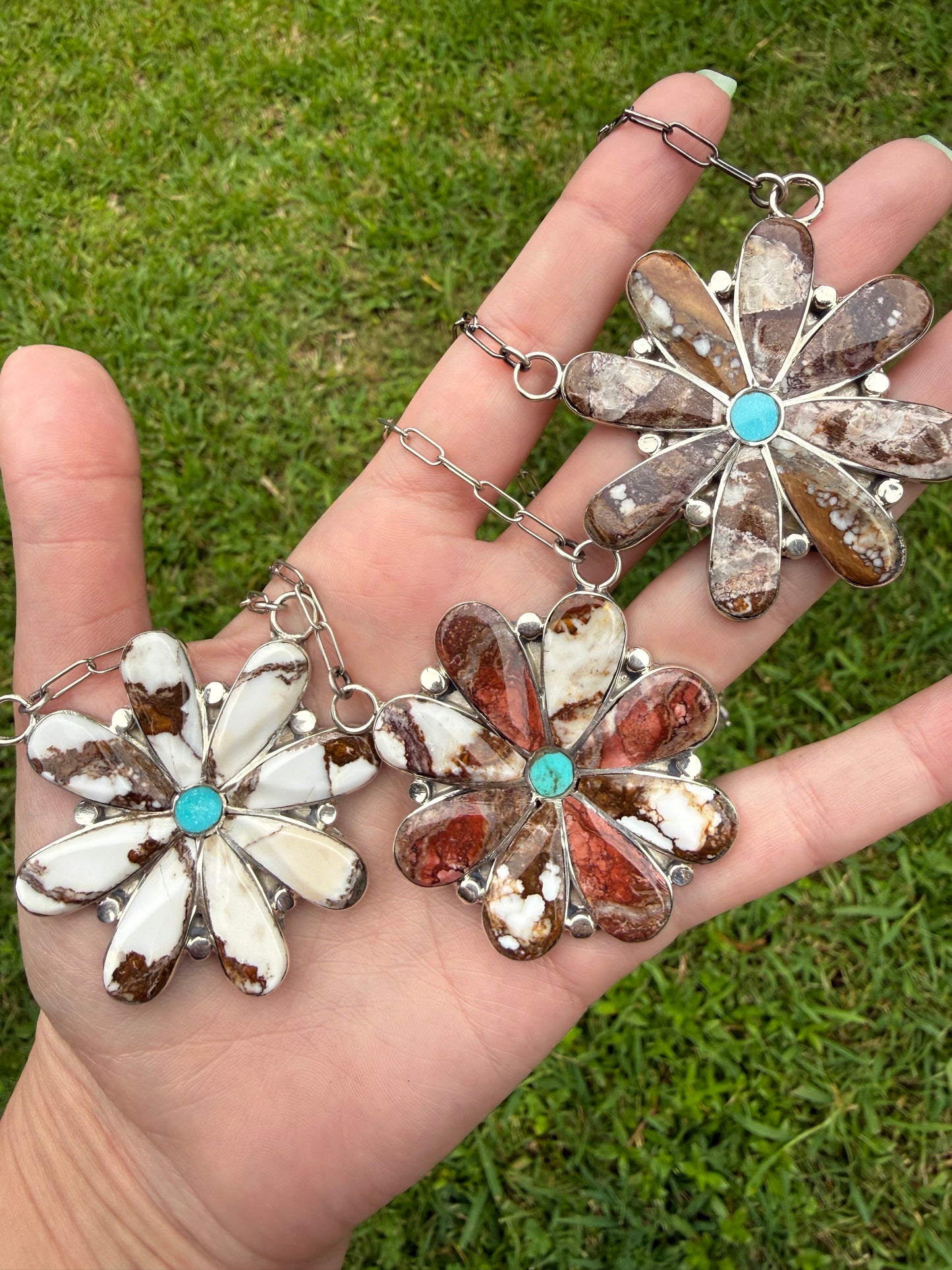 Native Zuni Wild Horse and Turquoise Inlay Full Flower Sterling Silver Necklace