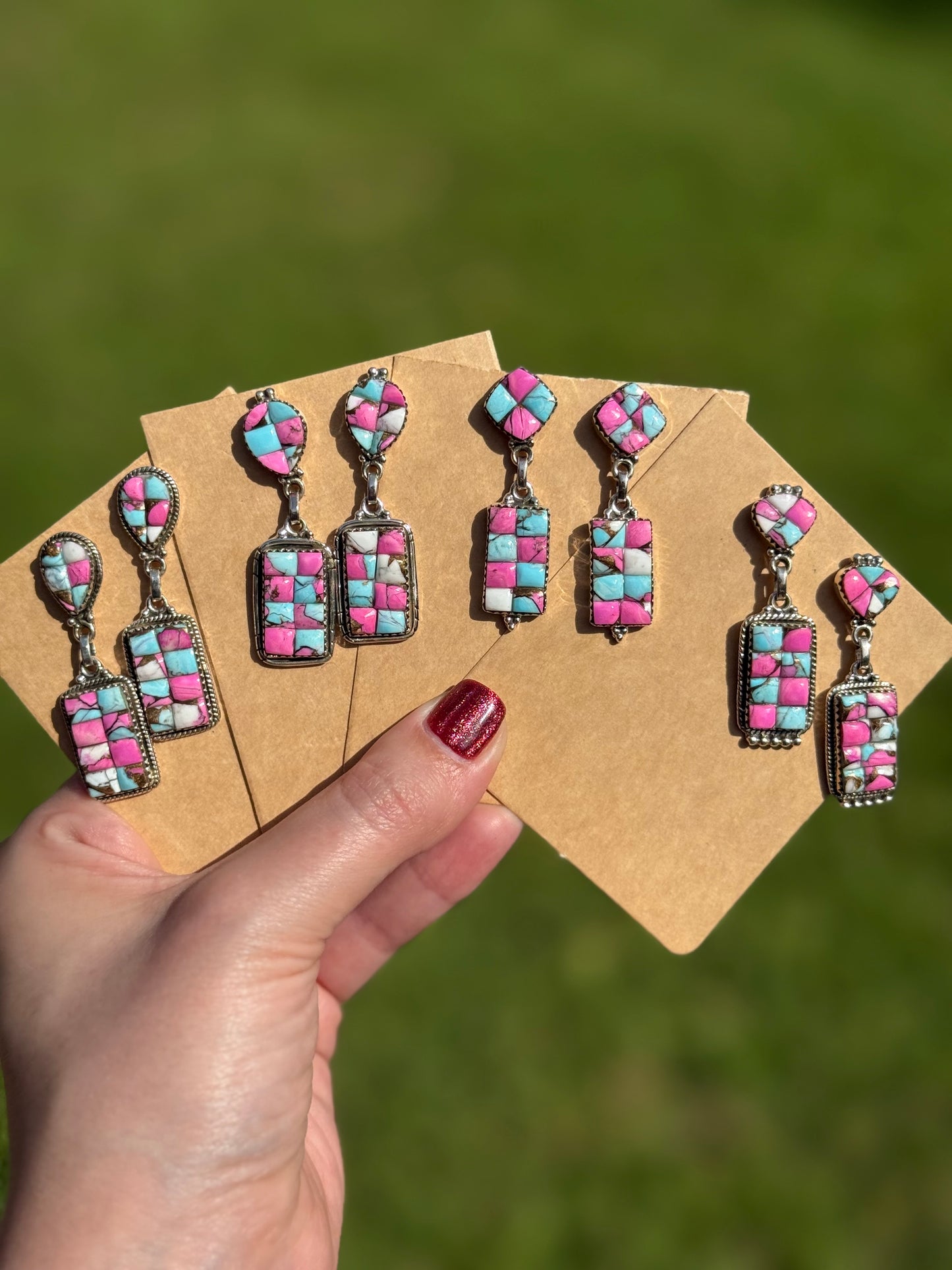 Cotton Candy Turquoise Cobblestone Sterling Silver Bar Dangle Earrings