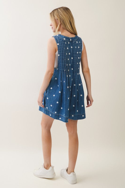 Lana Front Pleated V Neck Sleeveless Denim Romper - Polka Dot, Pink, Blue, Charcoal, Or Cheetah