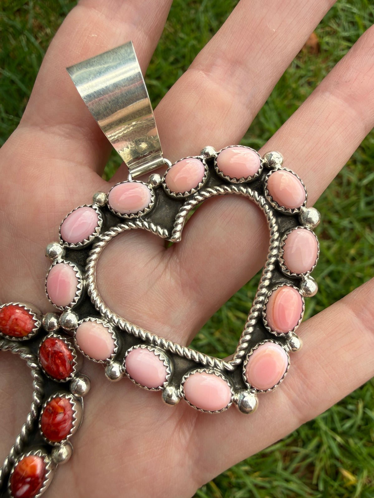 Navajo Pink Conch or Red Spiny Outline Heart Sterling Silver Pendant