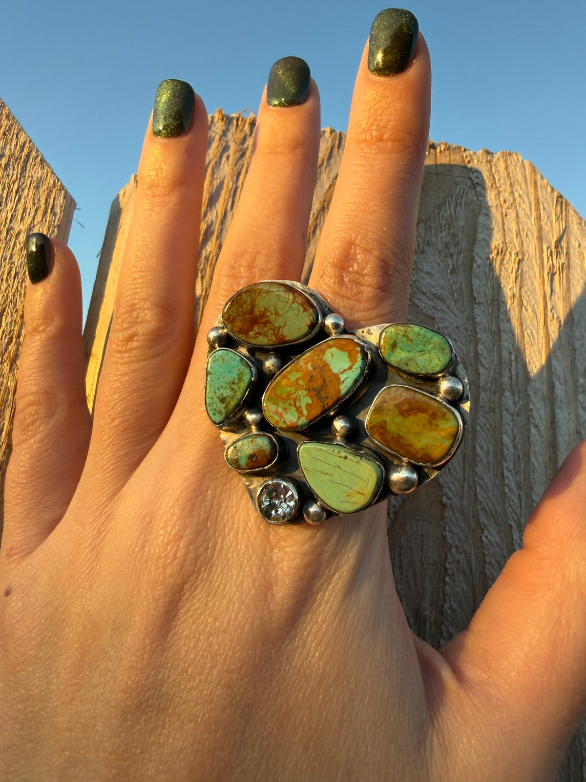 Navajo Turquoise Cluster with Crystal Heart Cluster Sterling Silver Ring
