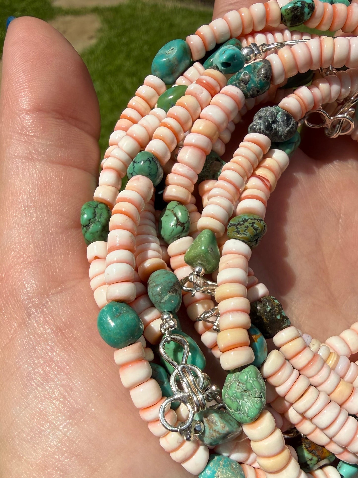 Pink Conch and Turquoise Sterling Silver Anklet