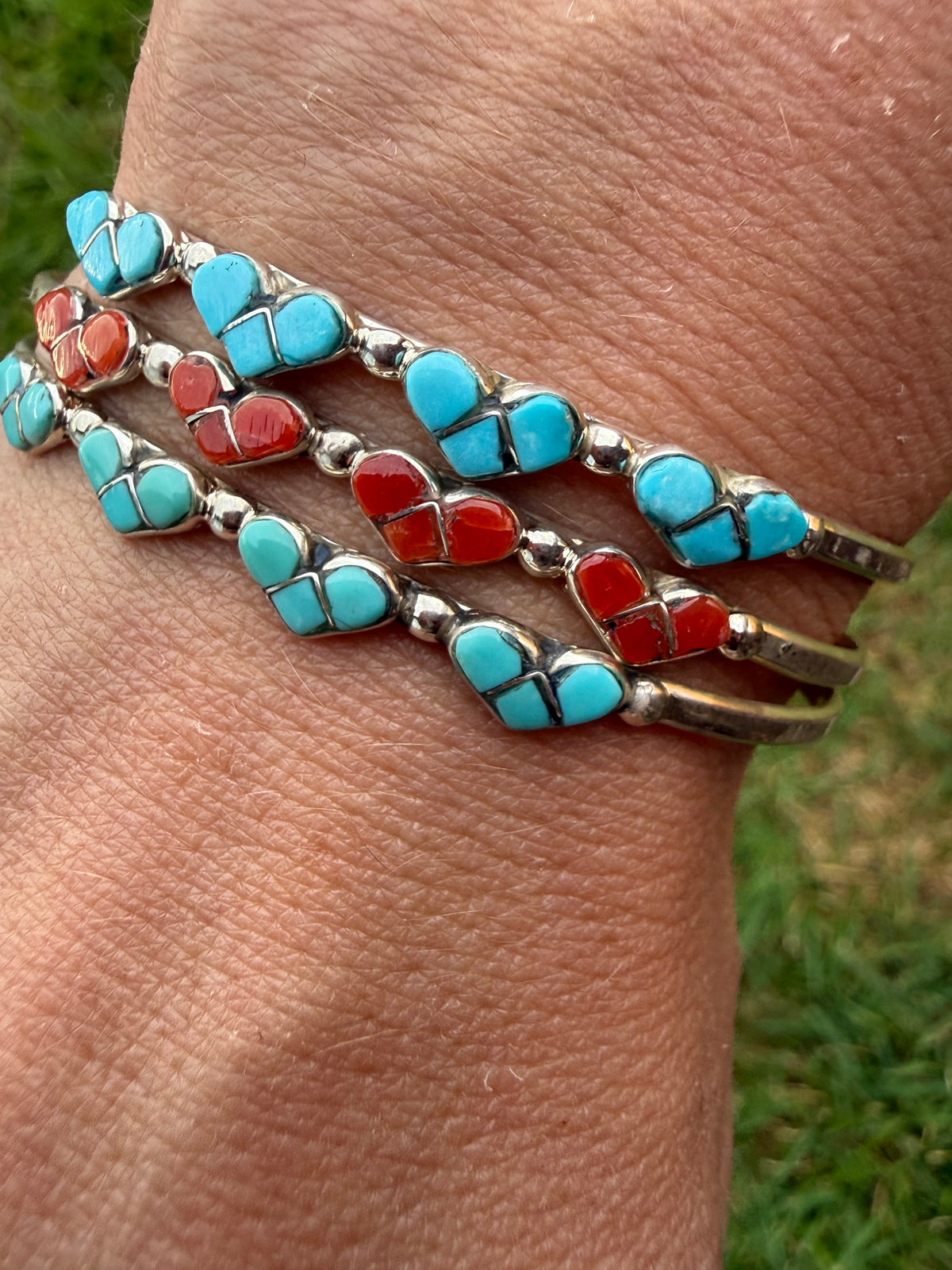 Zuni Heart Turquoise or Coral Stacker Sterling Silver Cuff